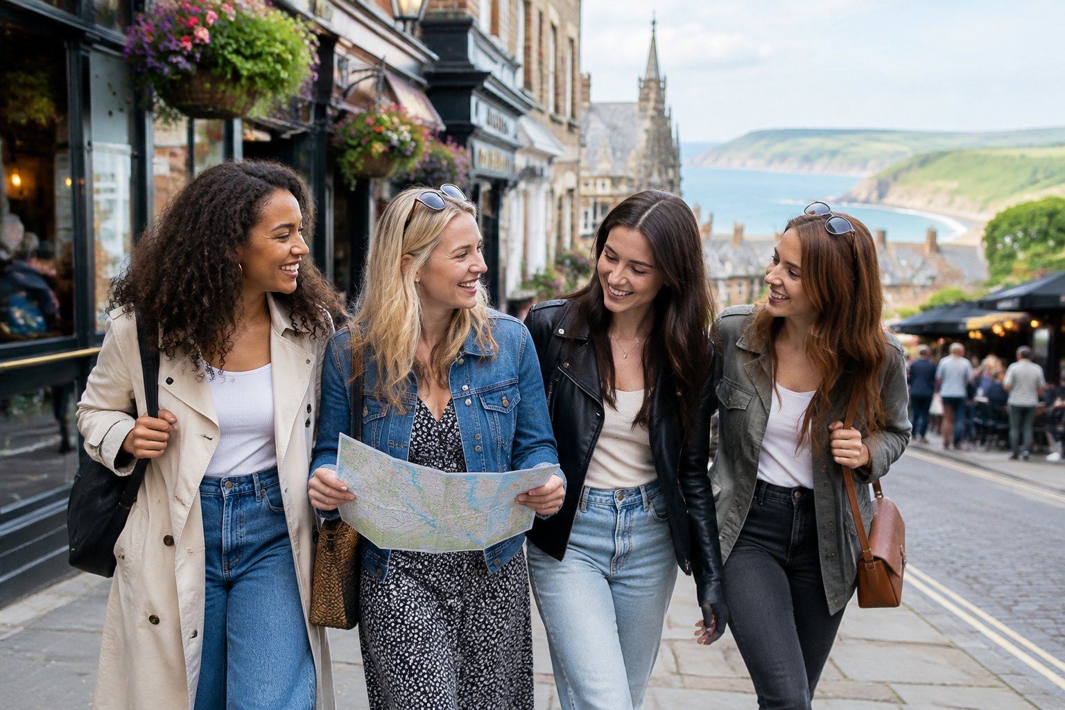 A group of friends enjoying a weekend together on a British city street.