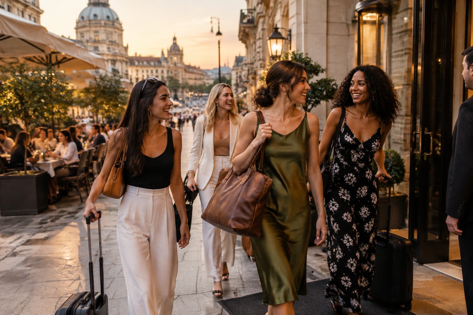 A group of friends arrives at a boutique hotel on a lively city street.
