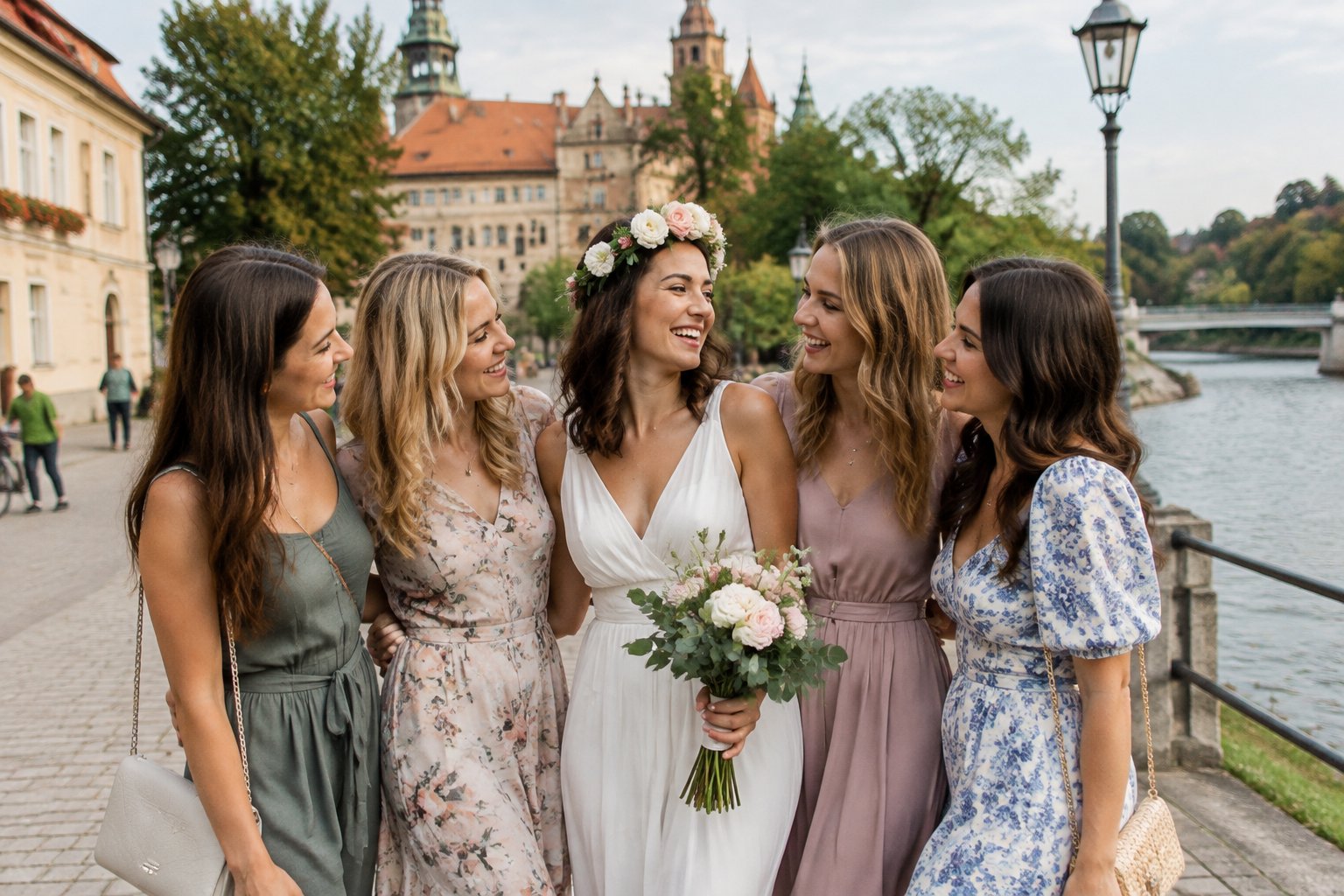 A group of friends celebrating outdoors in a European town.