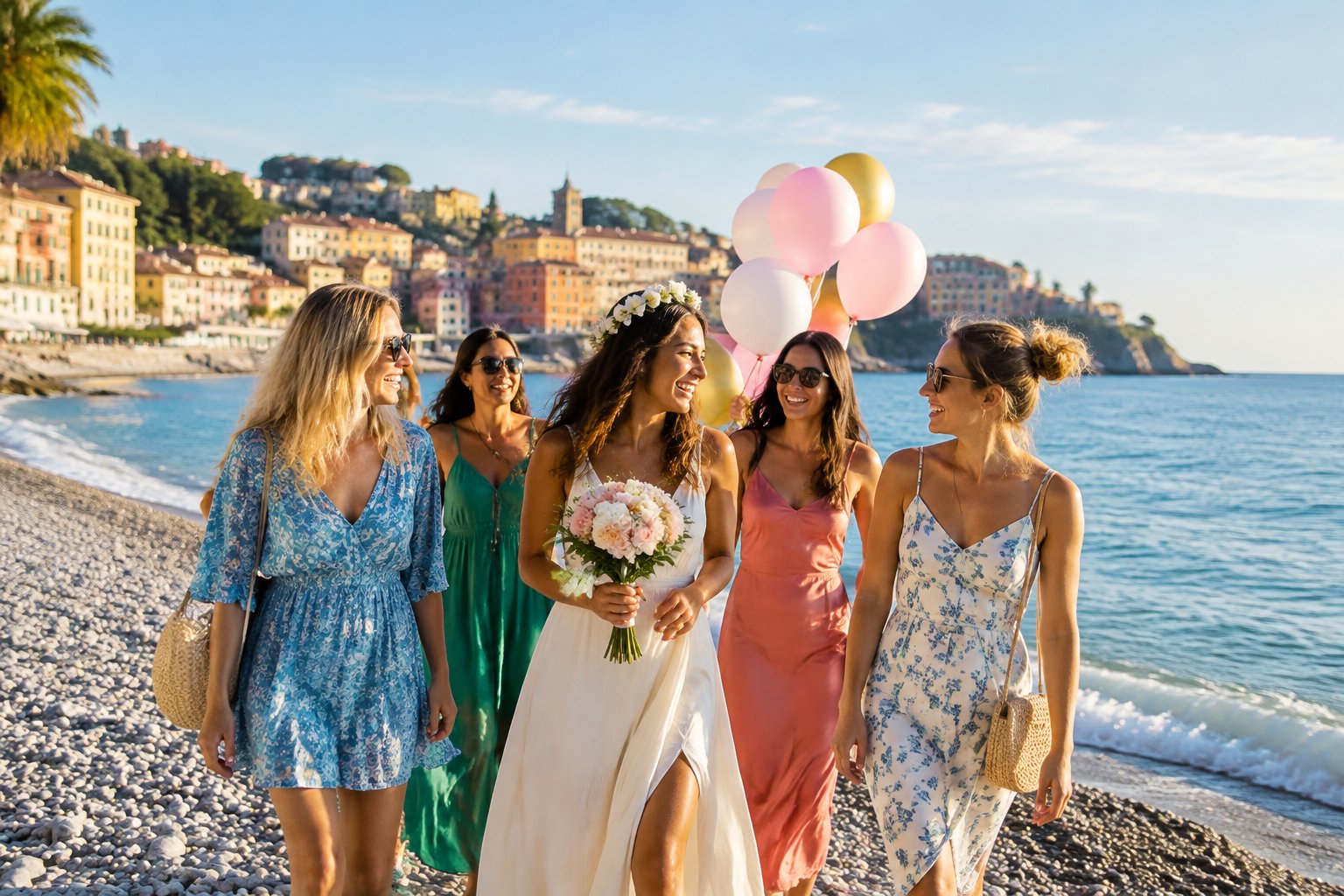 A group of friends celebrates on a pebble beach beside a seaside town.