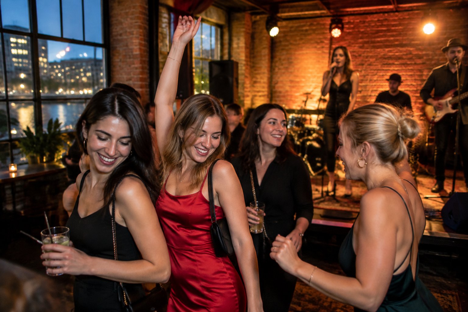 A group of friends enjoys live music at a city venue.