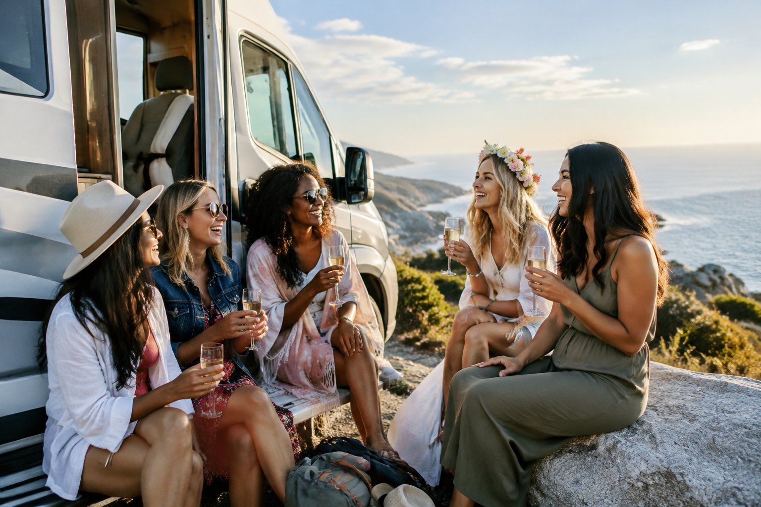 A group of friends celebrates beside a recreational vehicle at a scenic coastal overlook.