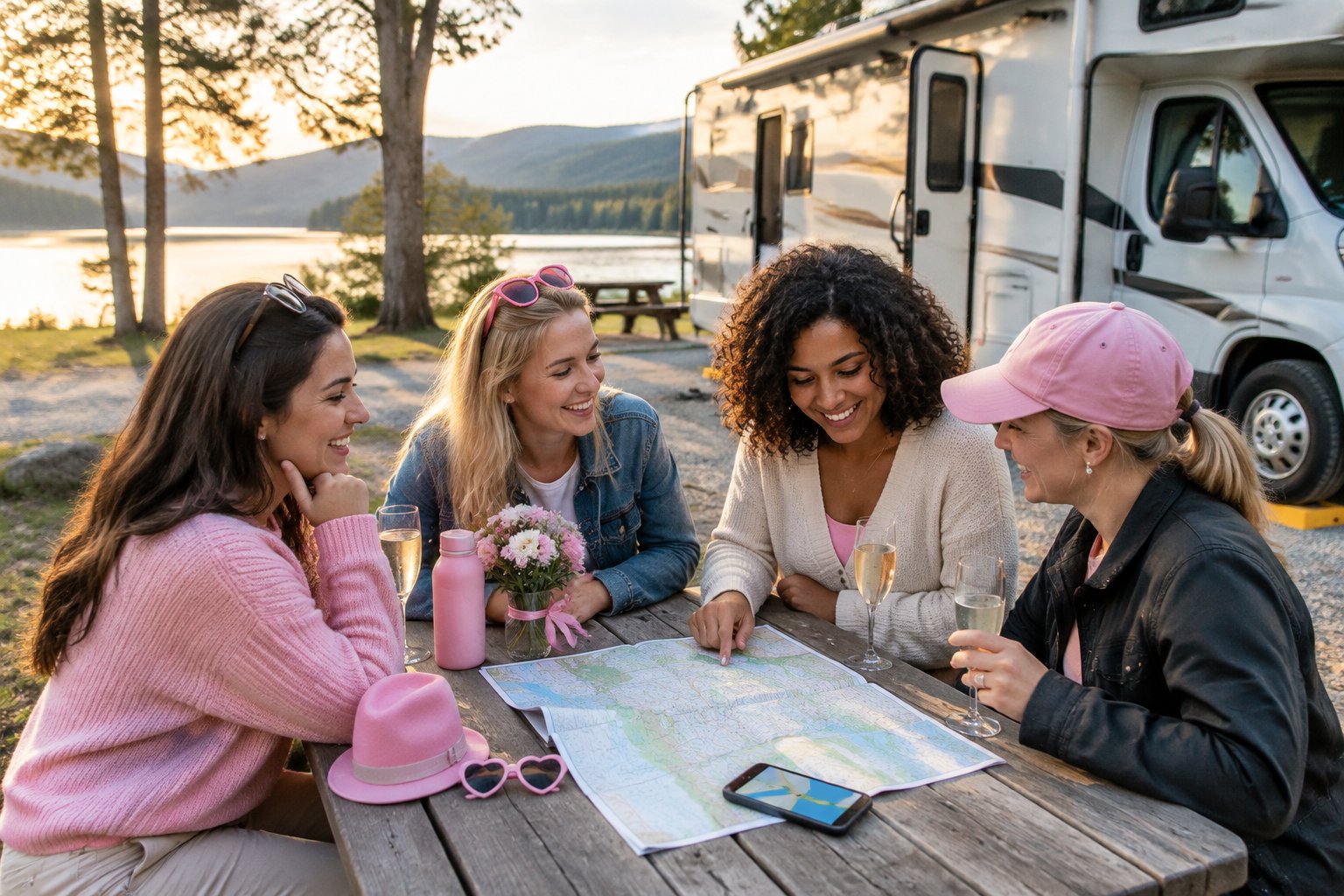 Friends plan a hen weekend beside a parked RV at a scenic campground.