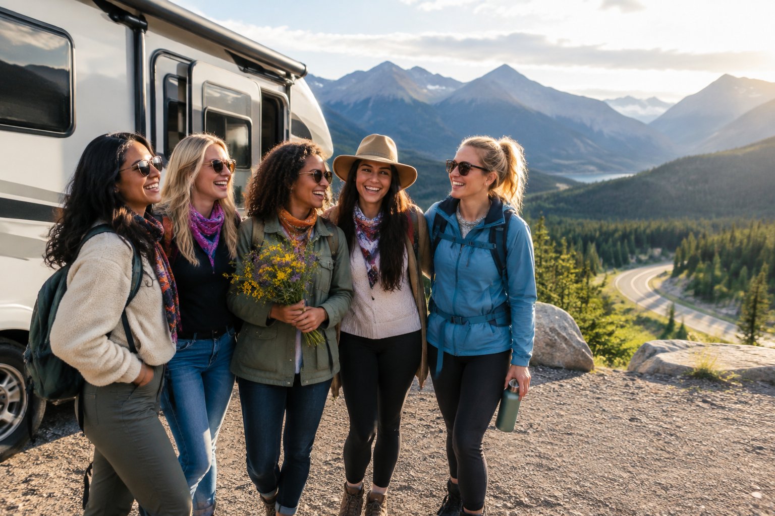 A group of friends celebrates beside an RV at a scenic national park overlook.