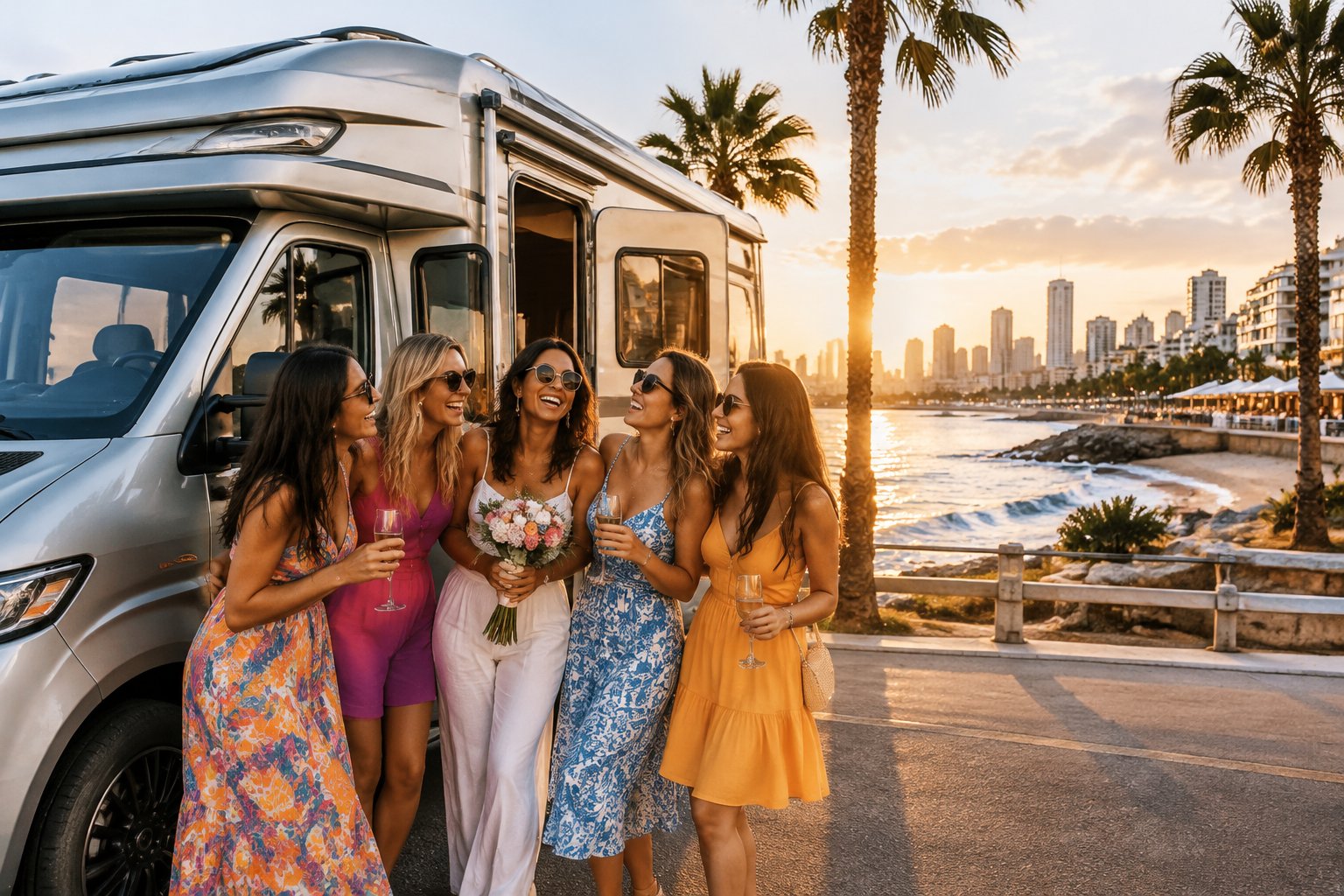 A group of friends celebrates beside an RV on a sunny coastal city promenade.