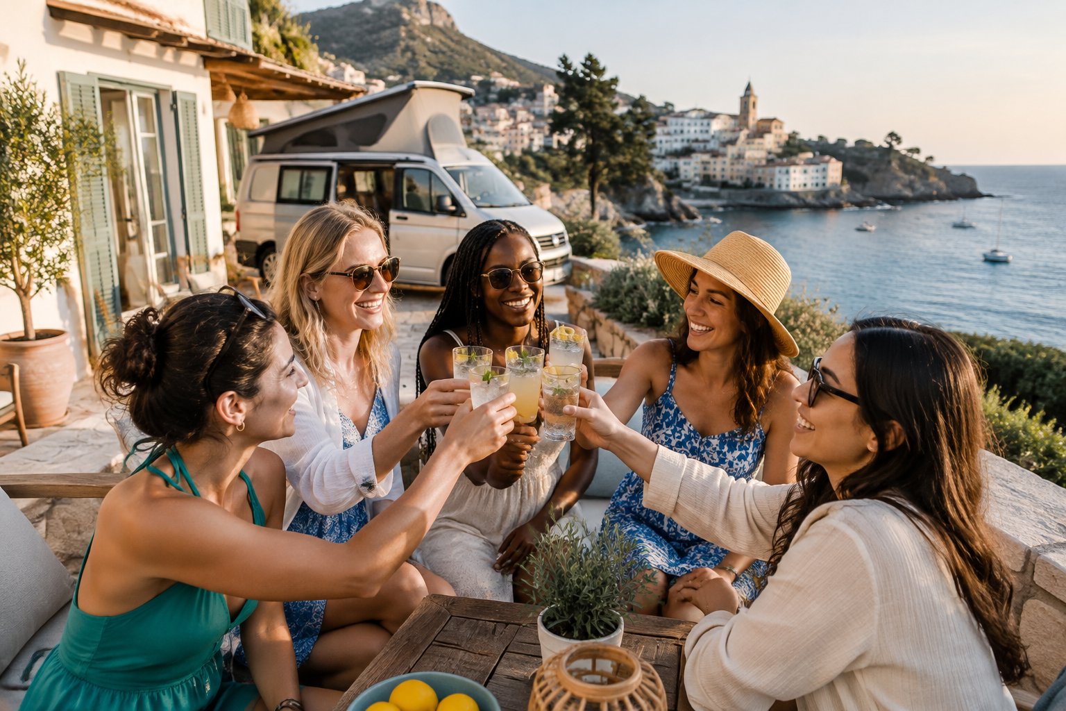 Friends celebrate beside a campervan overlooking a sunny European coast.