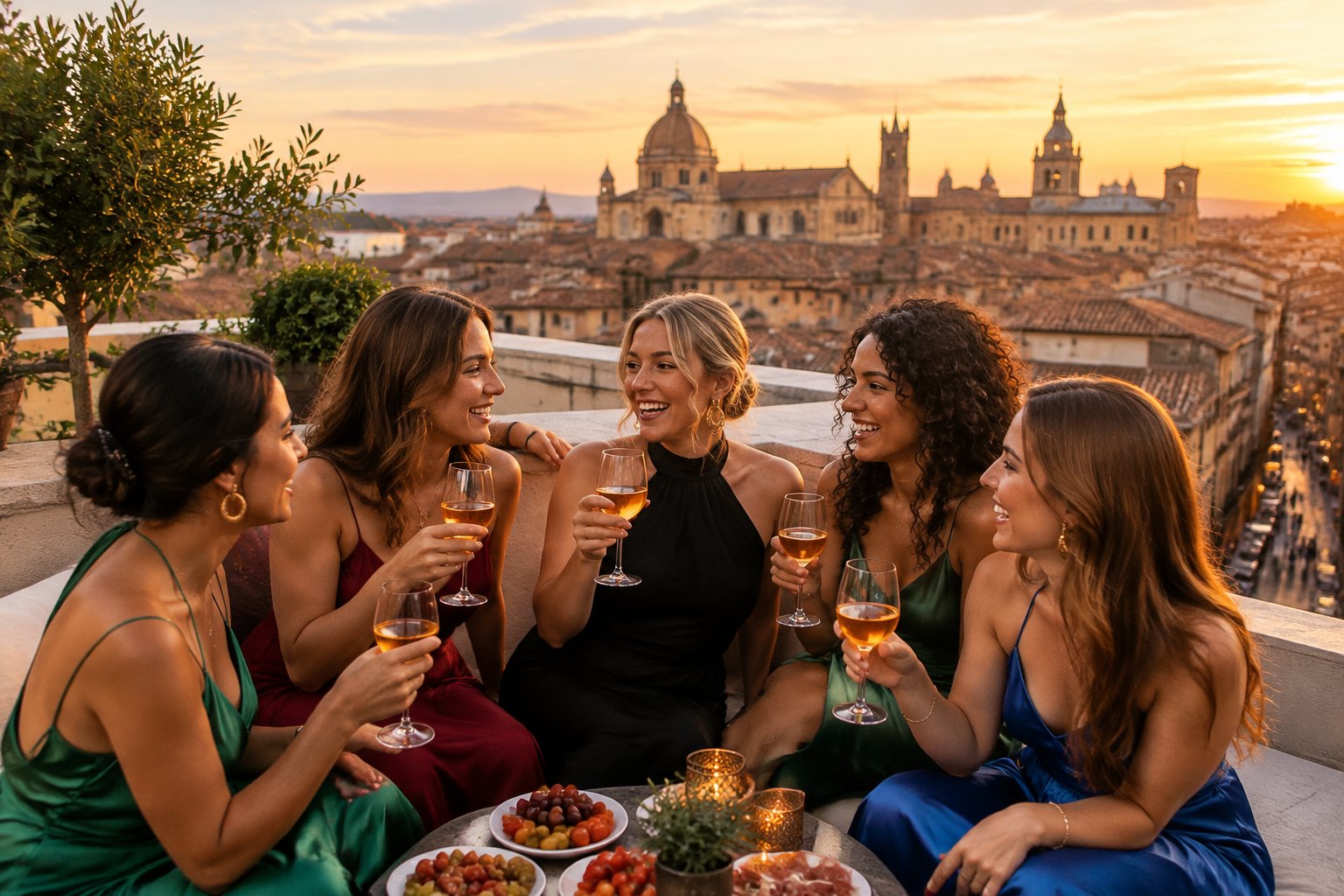 Friends share drinks on a rooftop terrace overlooking a European city.