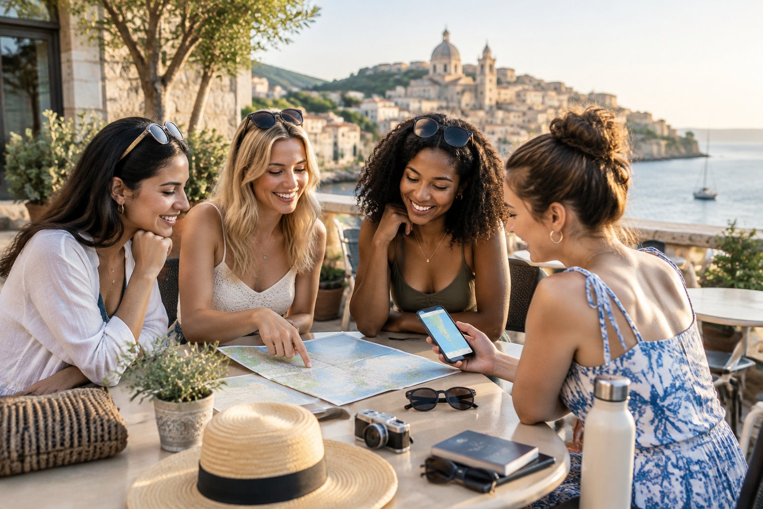 A group of friends planning a hen party getaway at an outdoor café.