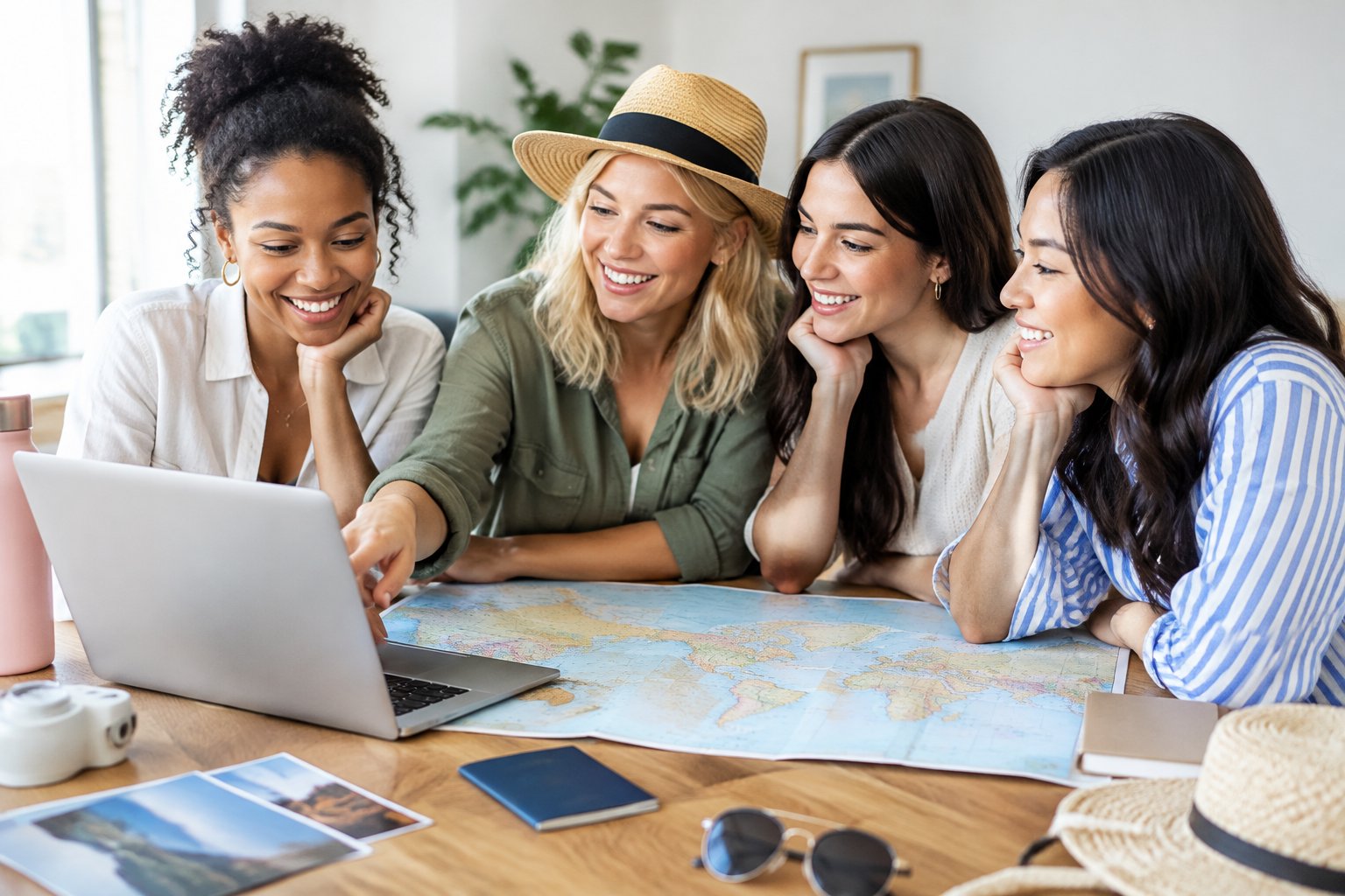 A group of friends compares travel options around a table.