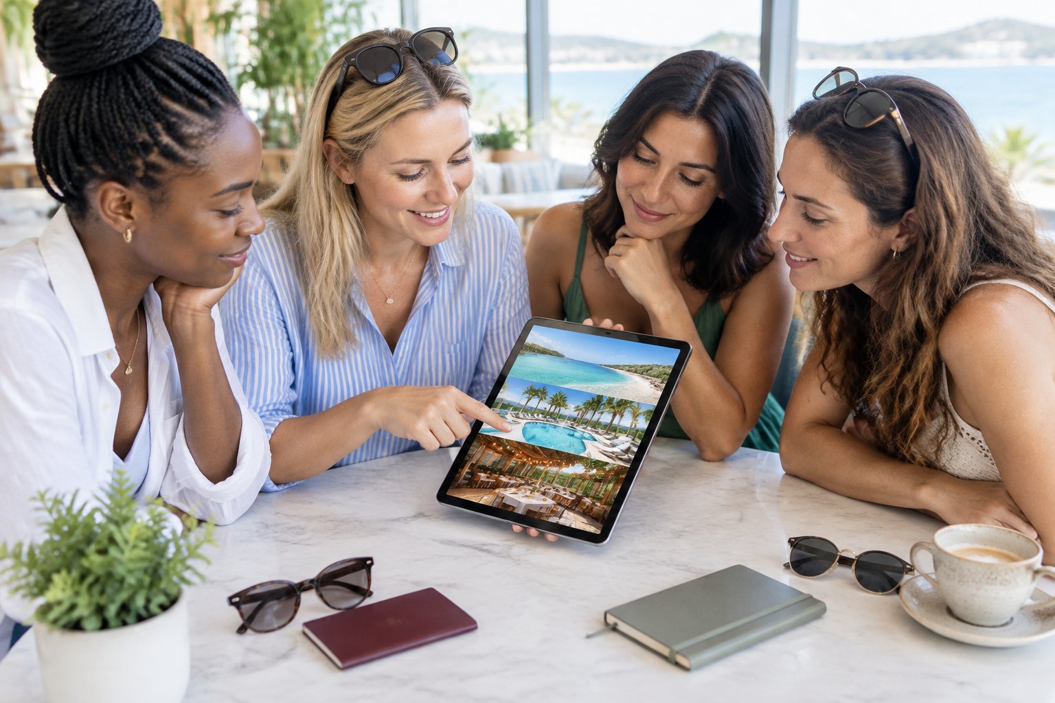 Friends compare destination photos on a tablet at a café.