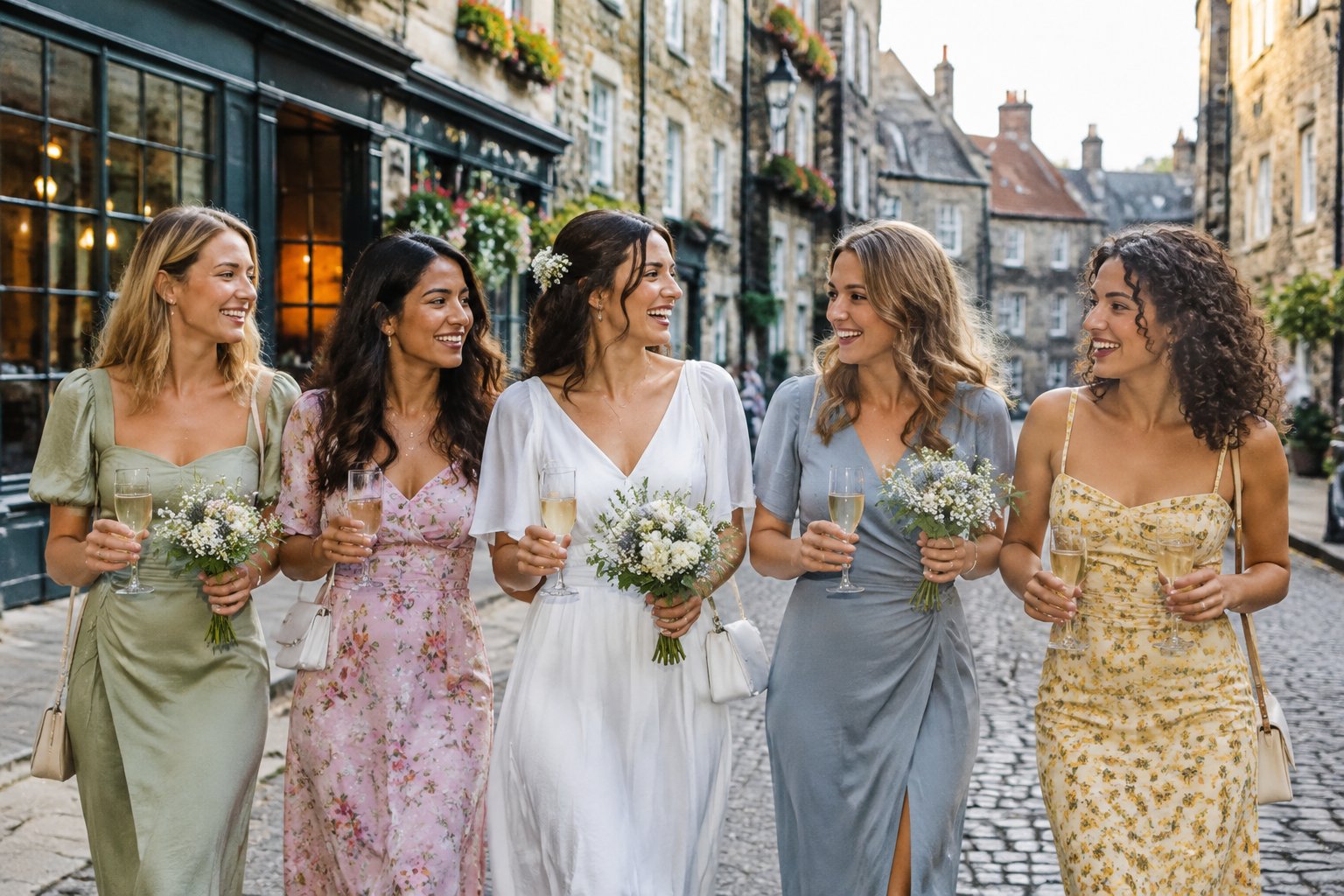 A bride-to-be and her friends laugh together while walking along a historic British street.