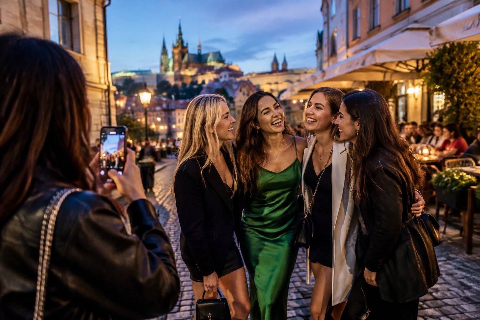 A group of friends laughing as one takes their photo on a lively European city street at night.