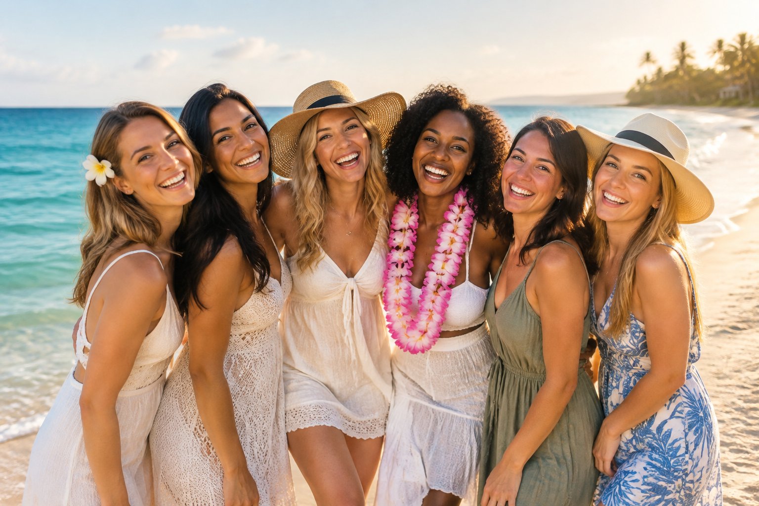A group of women friends celebrating together on a sunny beach.