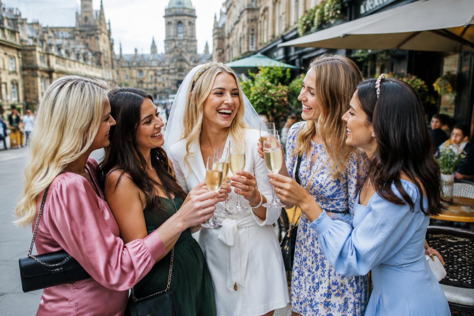 A group of friends celebrating together at an outdoor café on a British city street.