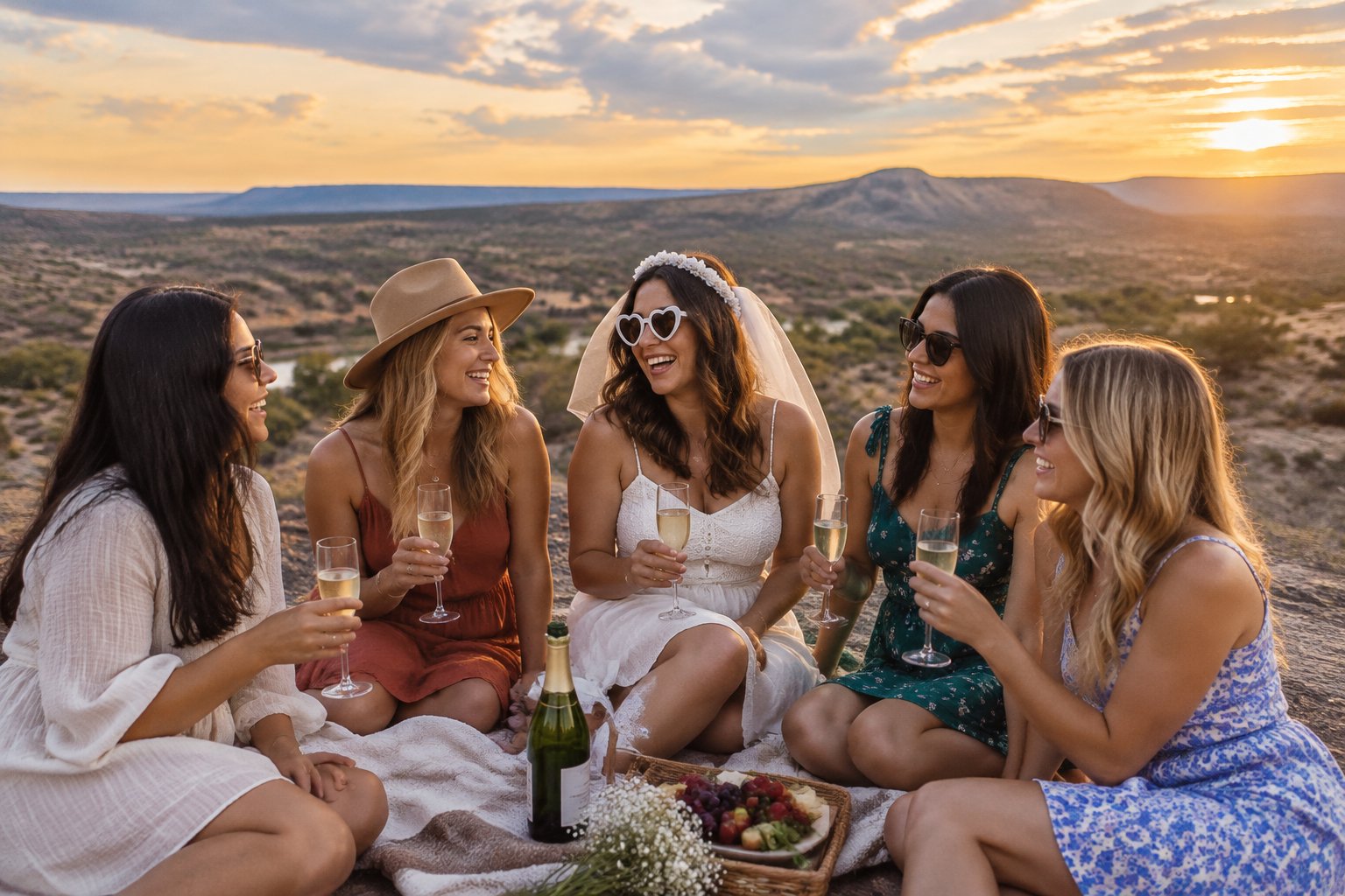 A group of friends celebrating together outdoors near the Colorado foothills.