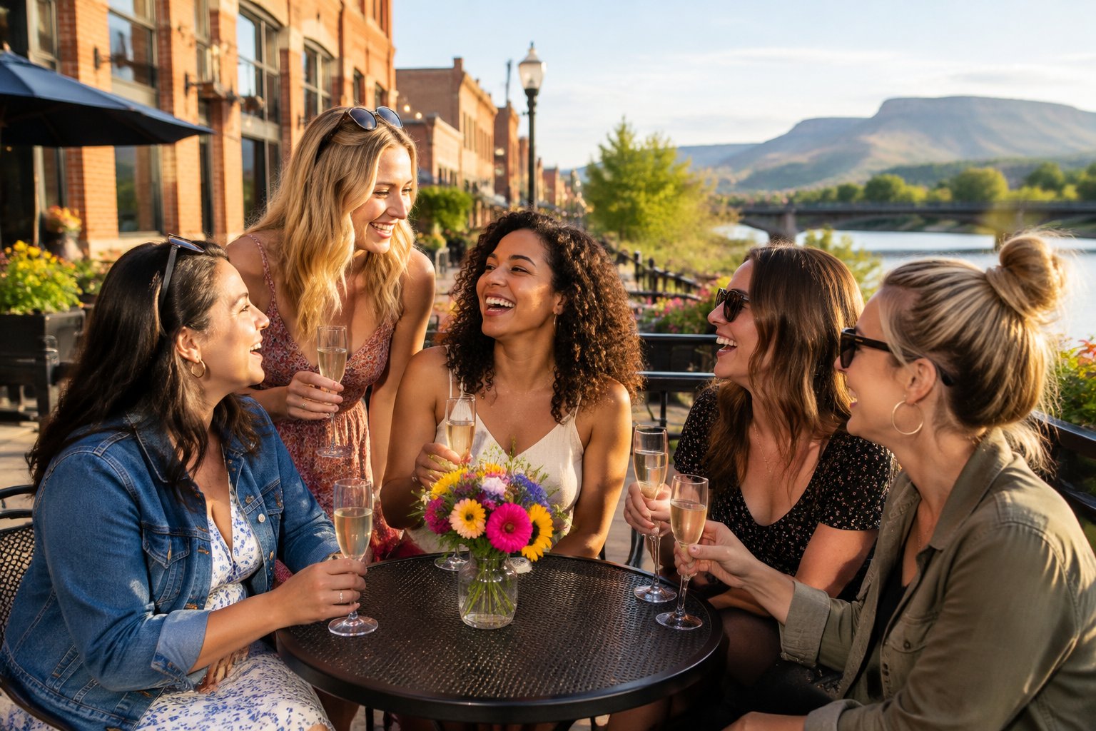 A group of women friends enjoying a sunny outing at a downtown Pueblo café.
