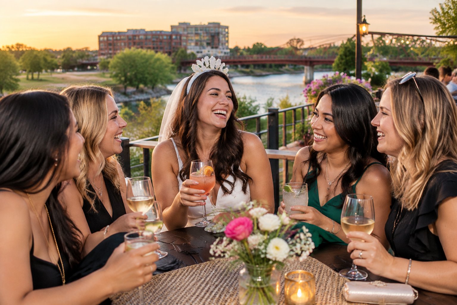 A group of friends celebrating together over drinks at an outdoor restaurant.