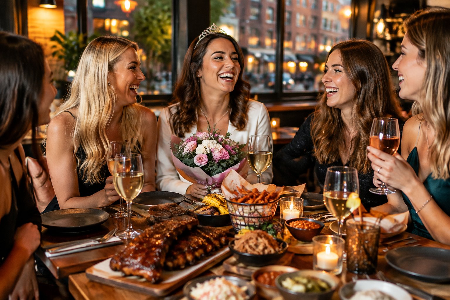 A group of friends shares a barbecue meal at a city smokehouse.