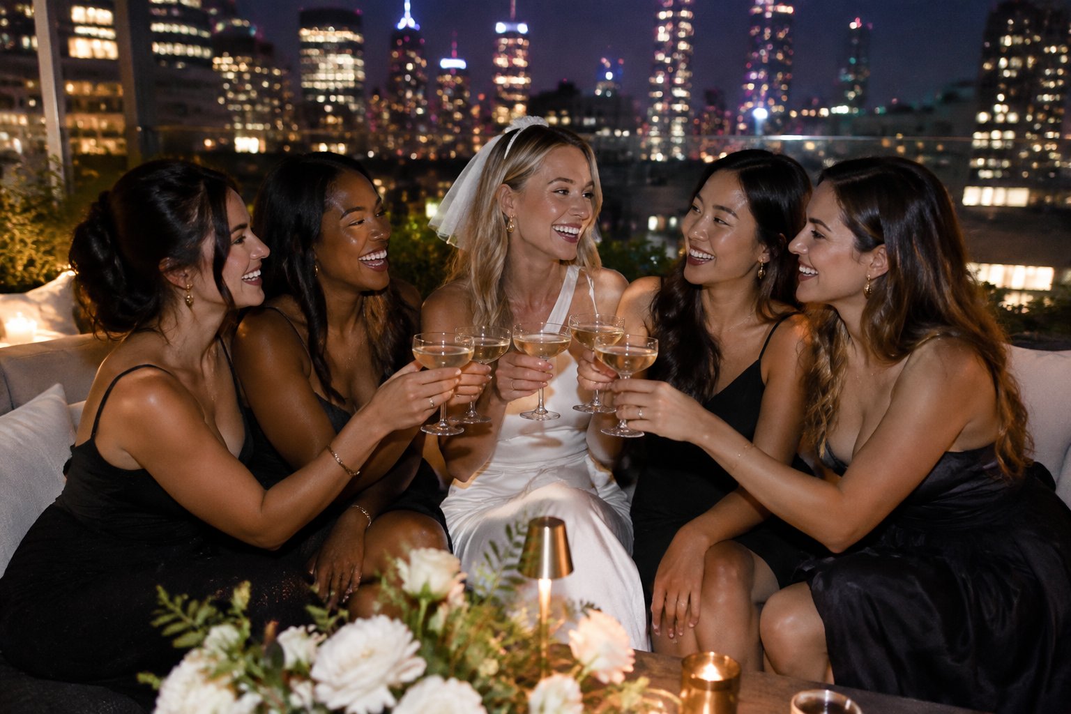 A group of friends celebrates at a rooftop lounge overlooking the city at night.