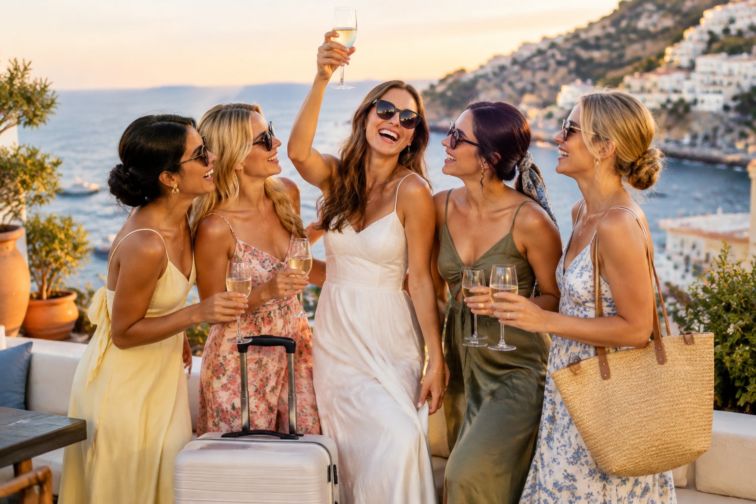 A group of friends celebrates together on a sunny seaside terrace.