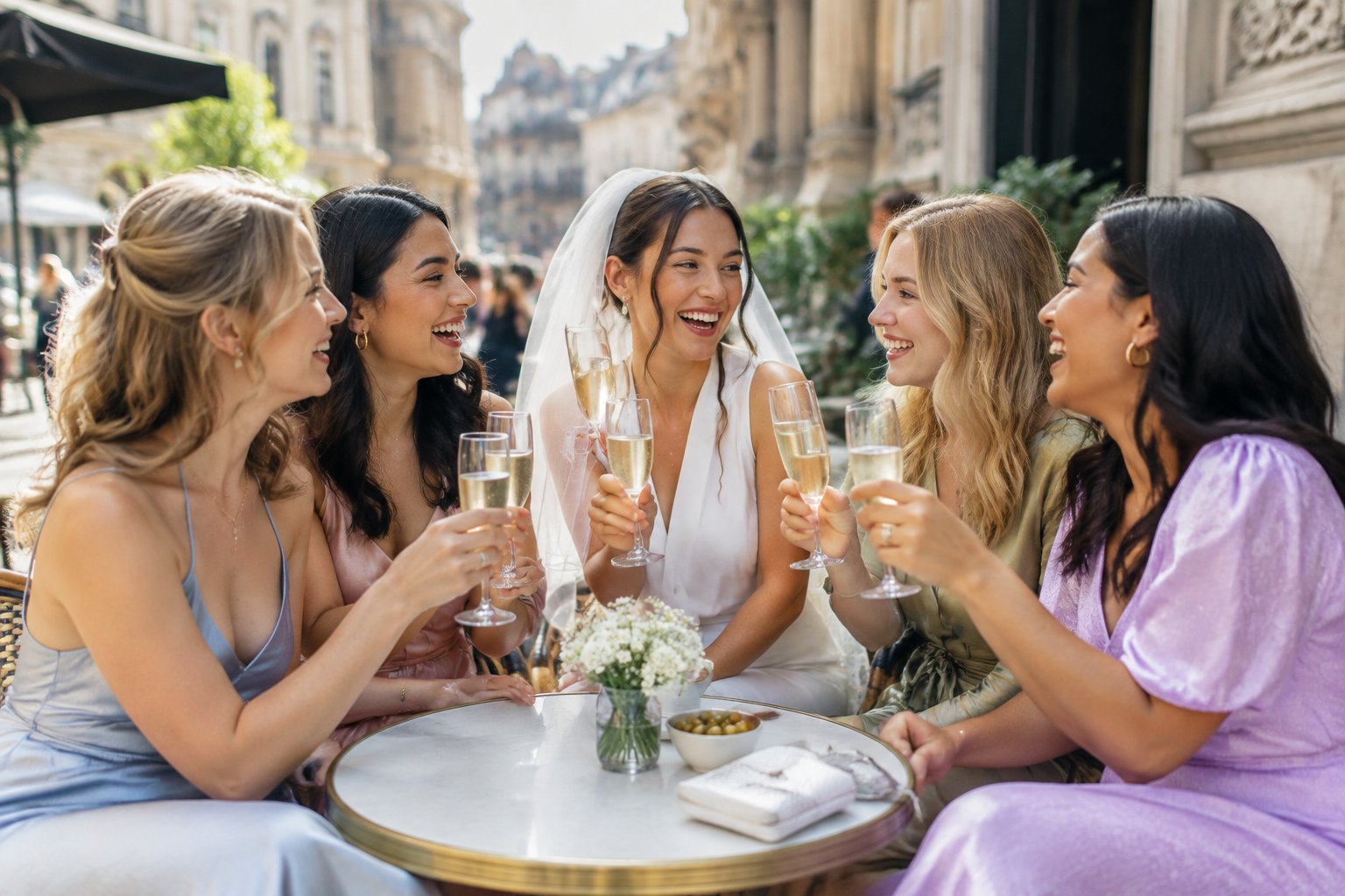 A bride and her friends celebrate together at an outdoor café.