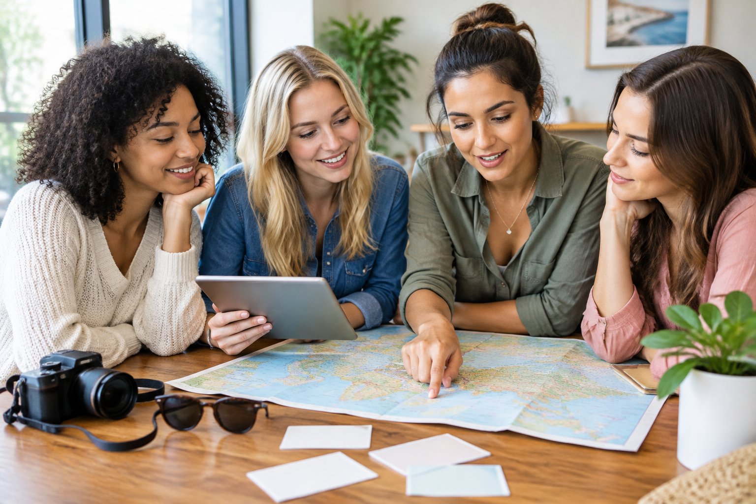 Four friends discuss travel plans around a table with a tablet and map.