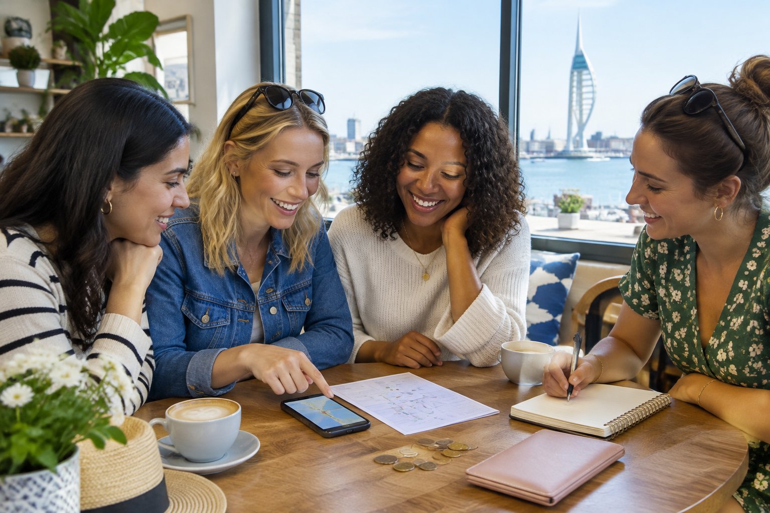 Friends plan an affordable hen party weekend at a table overlooking Spinnaker Tower.