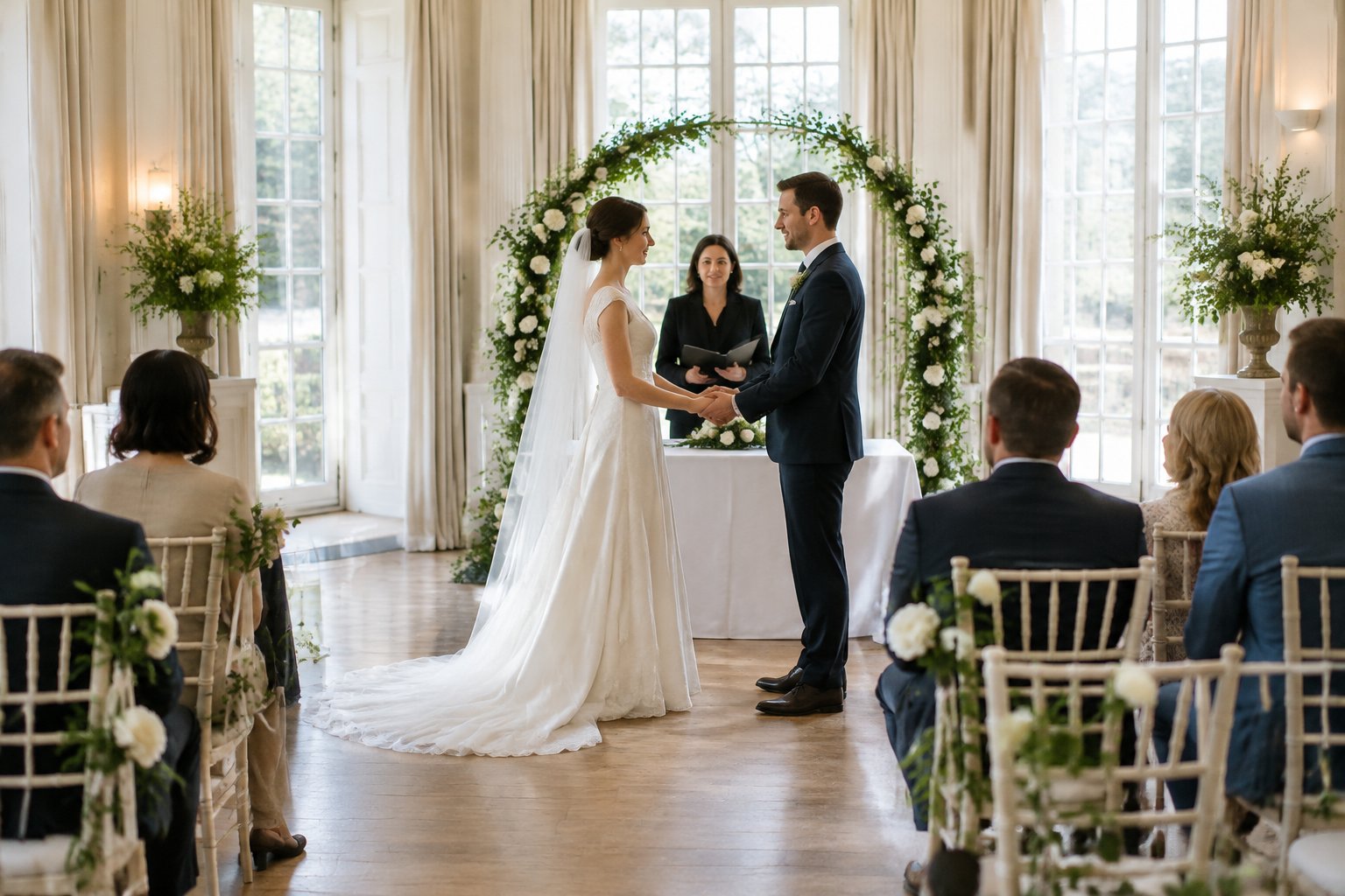 A couple exchanges vows in a bright ceremony room as guests watch.