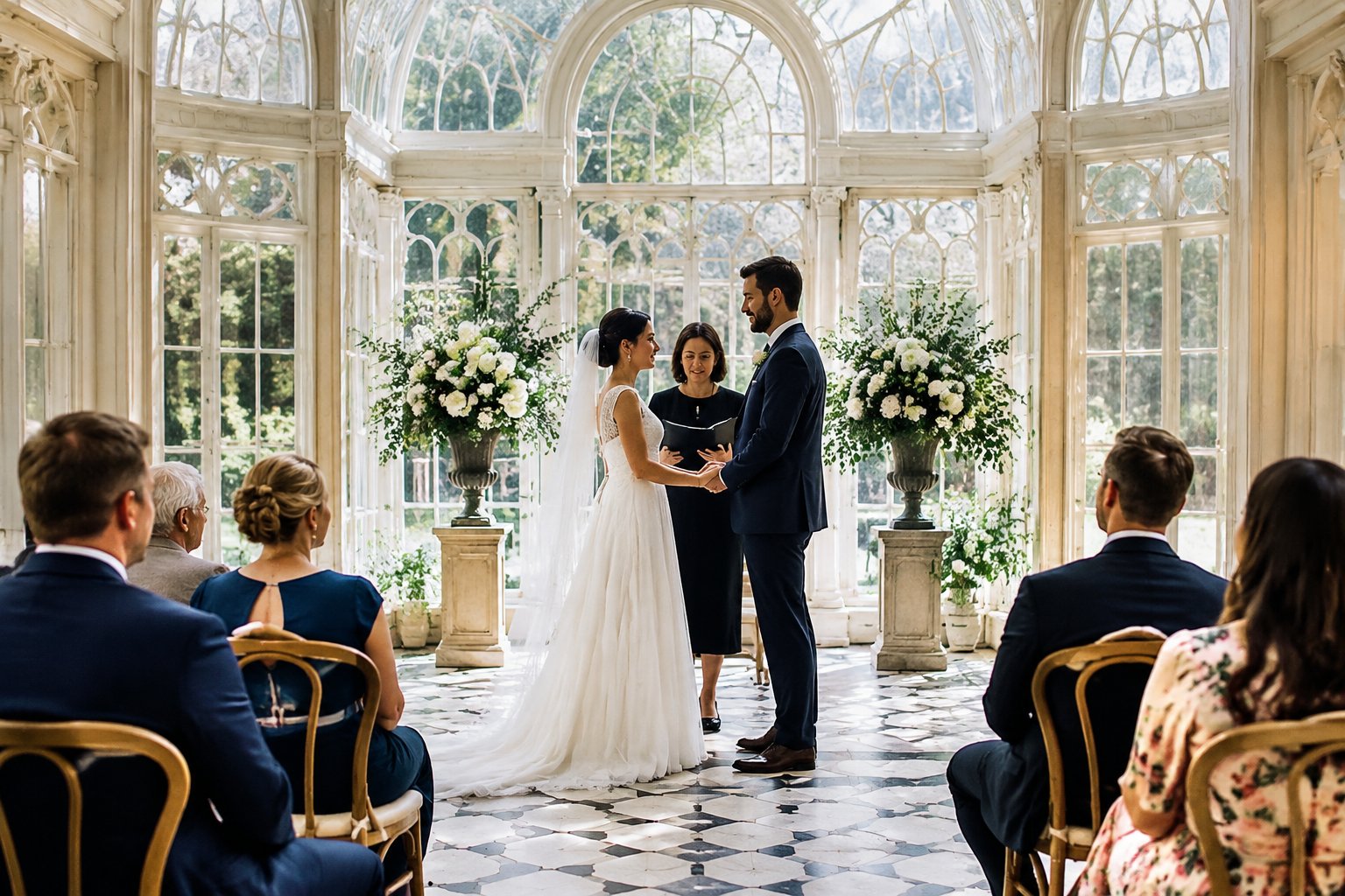 A couple stands together during a civil wedding ceremony as guests look on.
