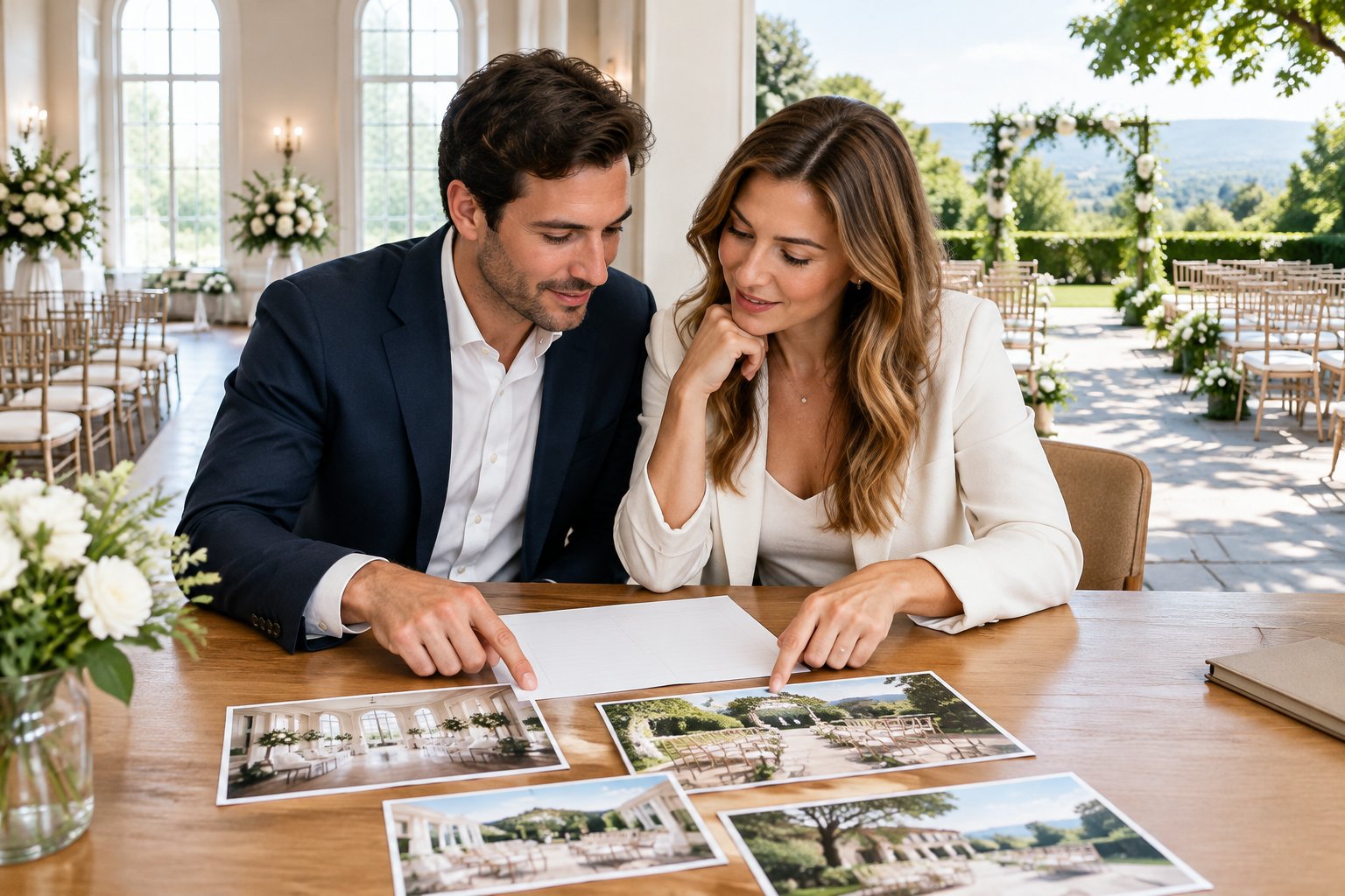 A couple reviews venue photos together at a table.