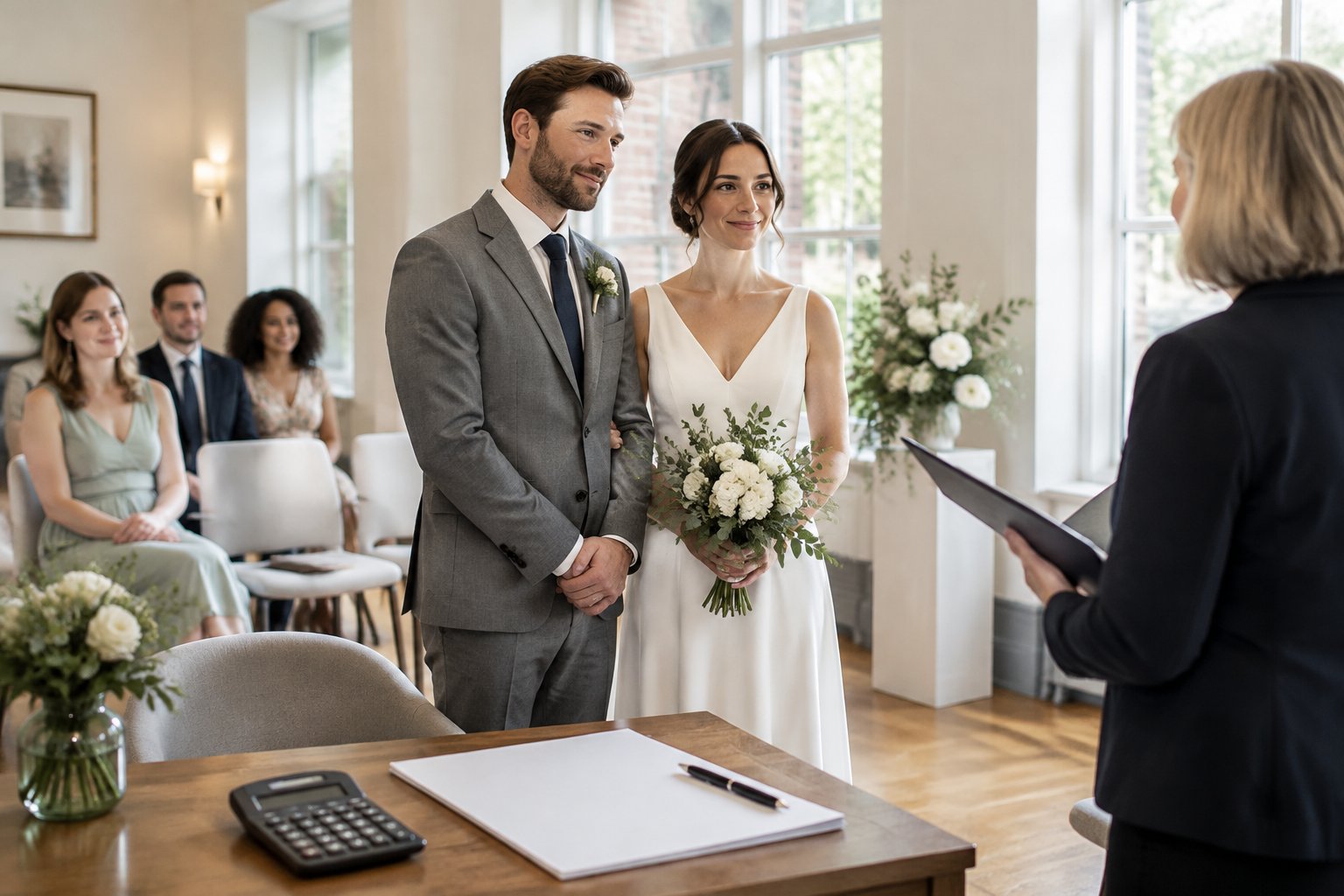 A couple stands together during a civil wedding ceremony as guests watch.