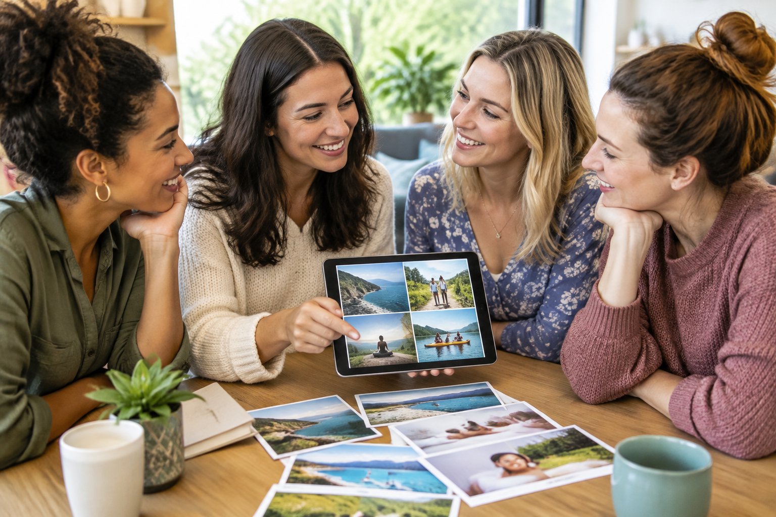 Four friends plan a relaxing group trip together around a table.