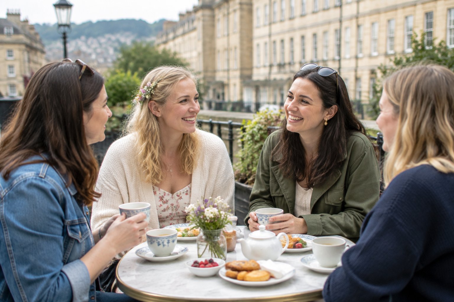 Four friends enjoy a relaxed afternoon together at an outdoor café in Bath.