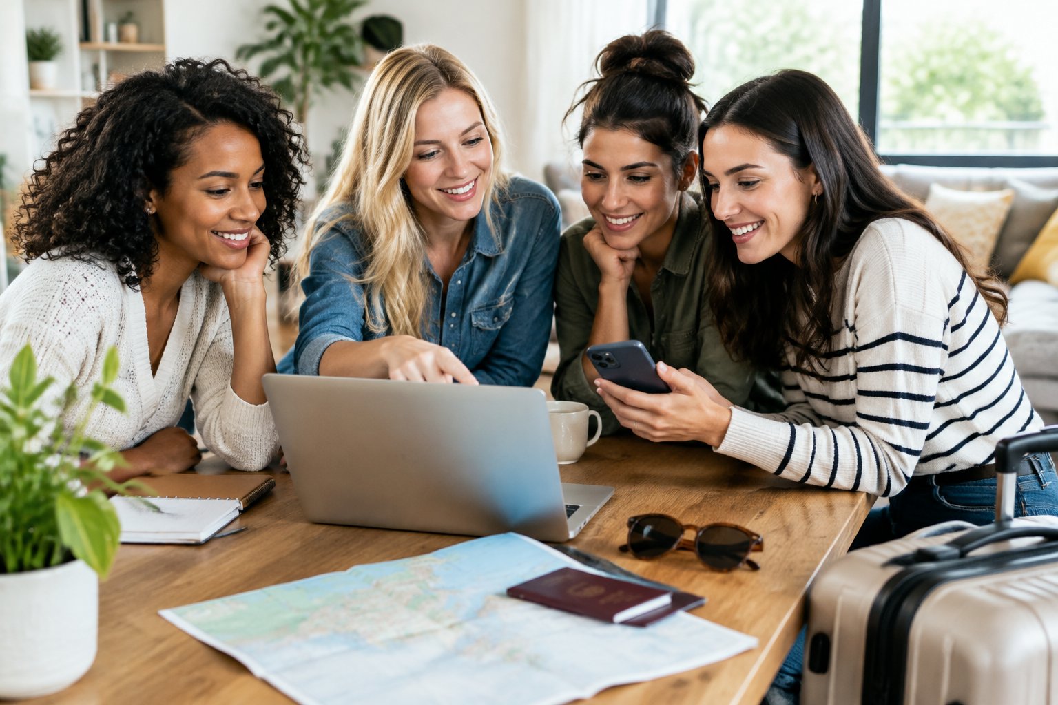 A group of friends discussing travel plans around a table.