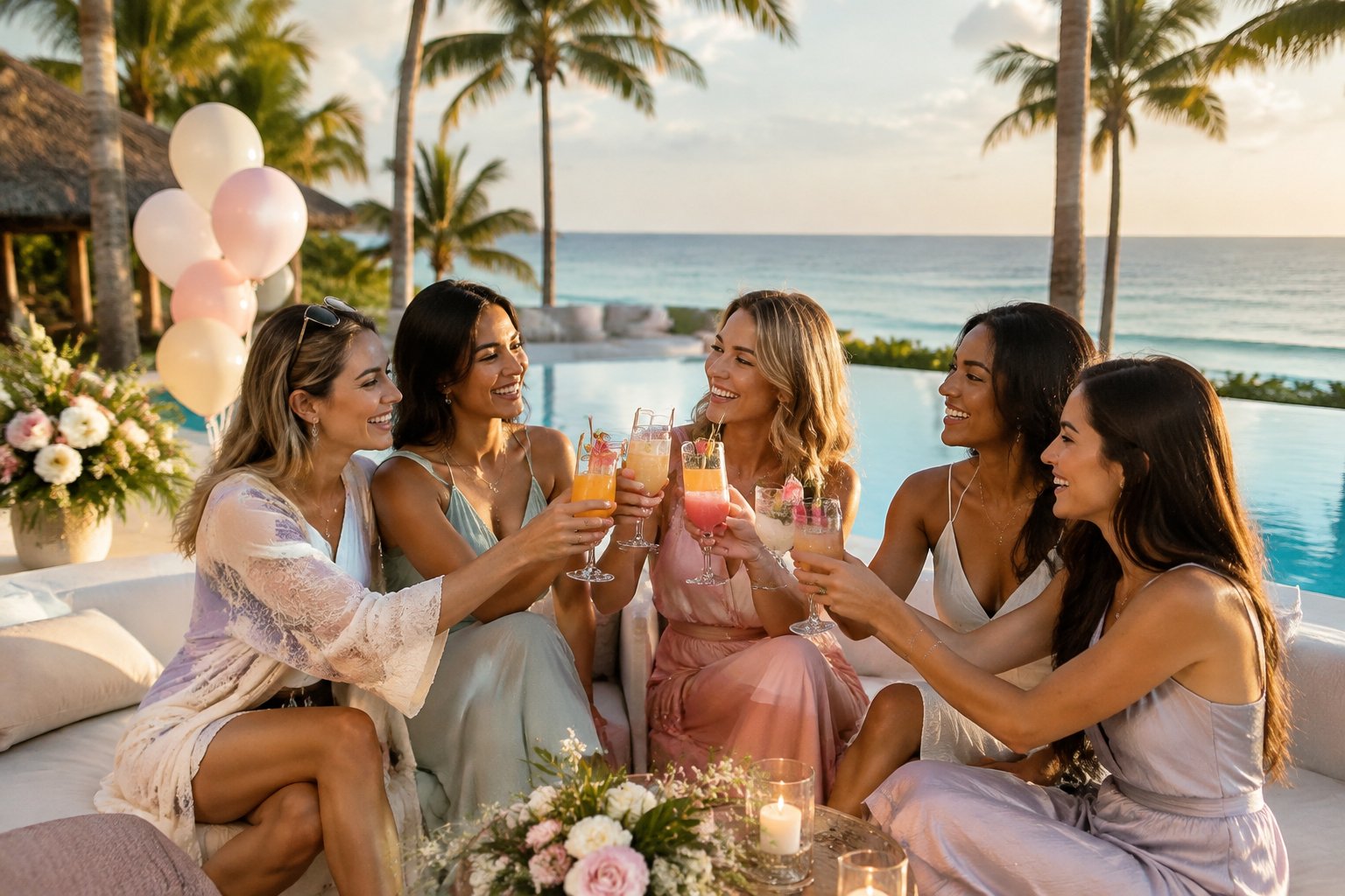 A group of friends celebrates beside a resort pool overlooking a tropical beach.