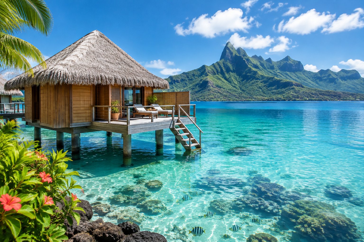 An overwater bungalow stands above a turquoise lagoon, with green mountains in the distance.