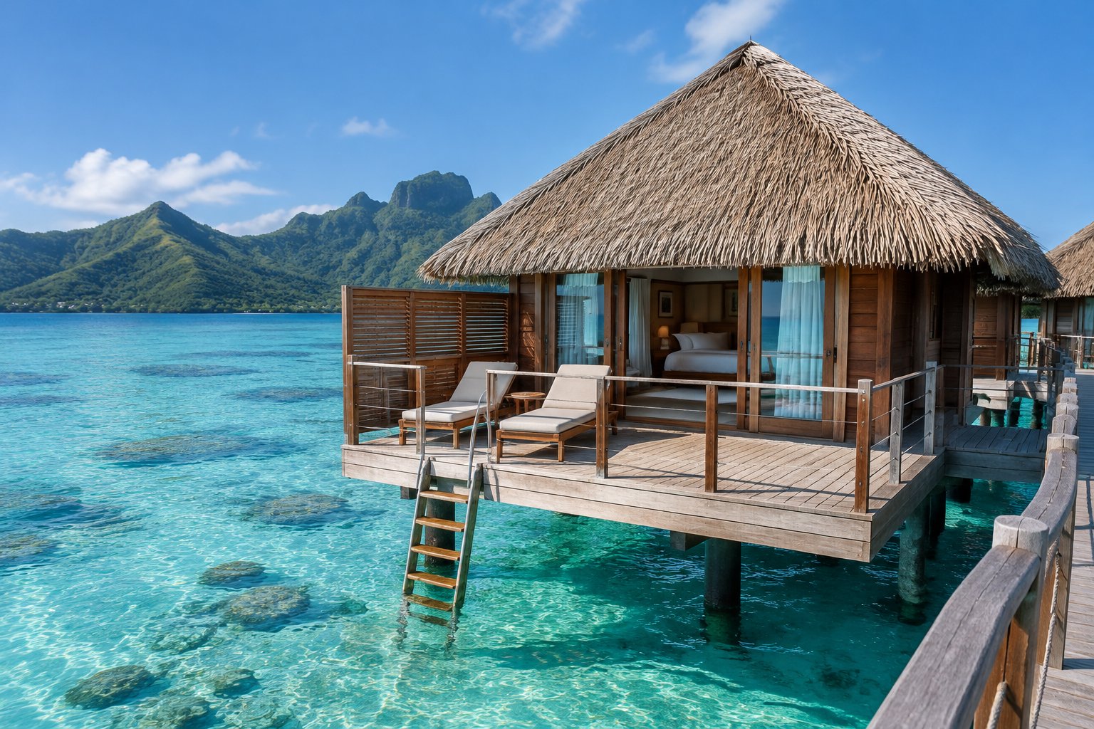 An overwater bungalow with a private deck above Moorea’s turquoise lagoon.