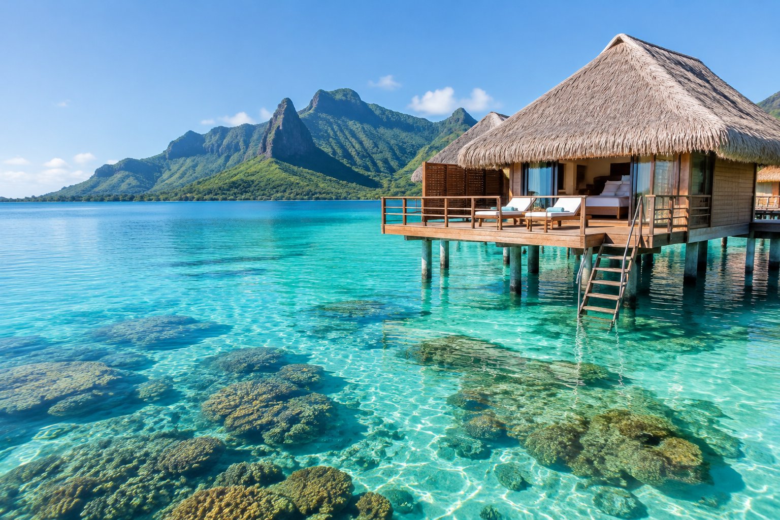 An overwater bungalow above a clear turquoise lagoon with green mountains in the distance.