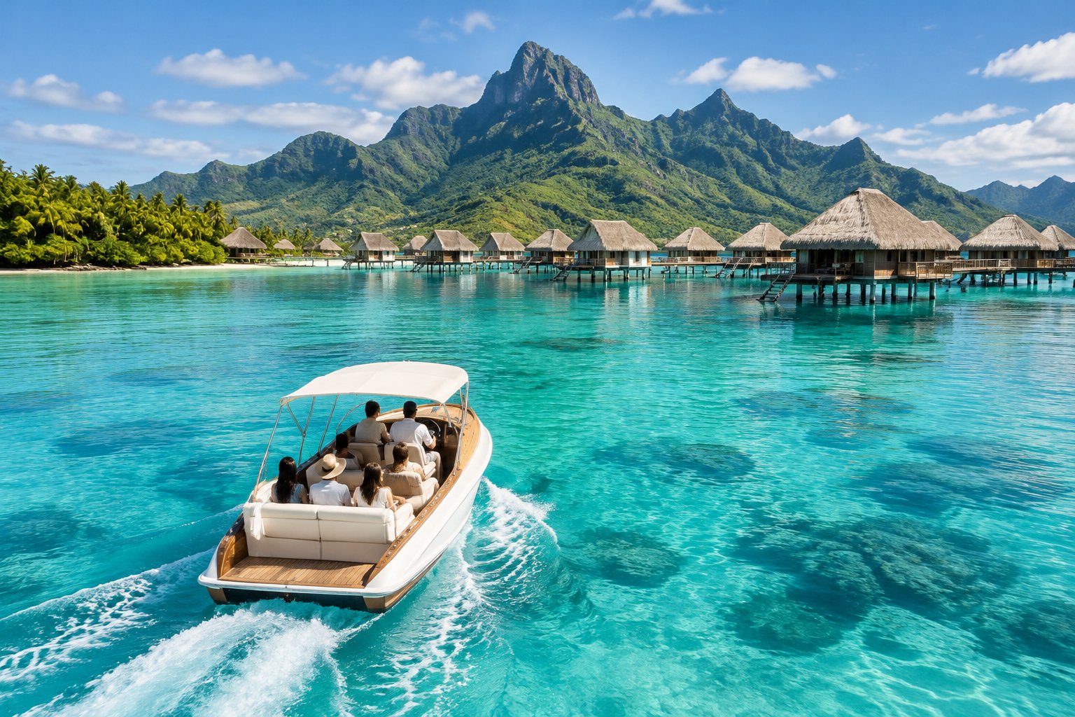 A passenger boat crosses a turquoise lagoon toward overwater bungalows beneath Moorea’s green mountains.