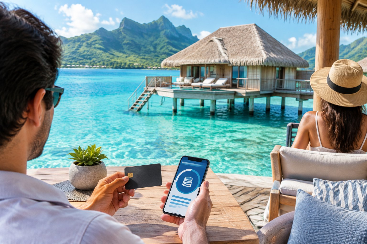 A traveler reviews a phone and credit card beside an overwater bungalow in Moorea.