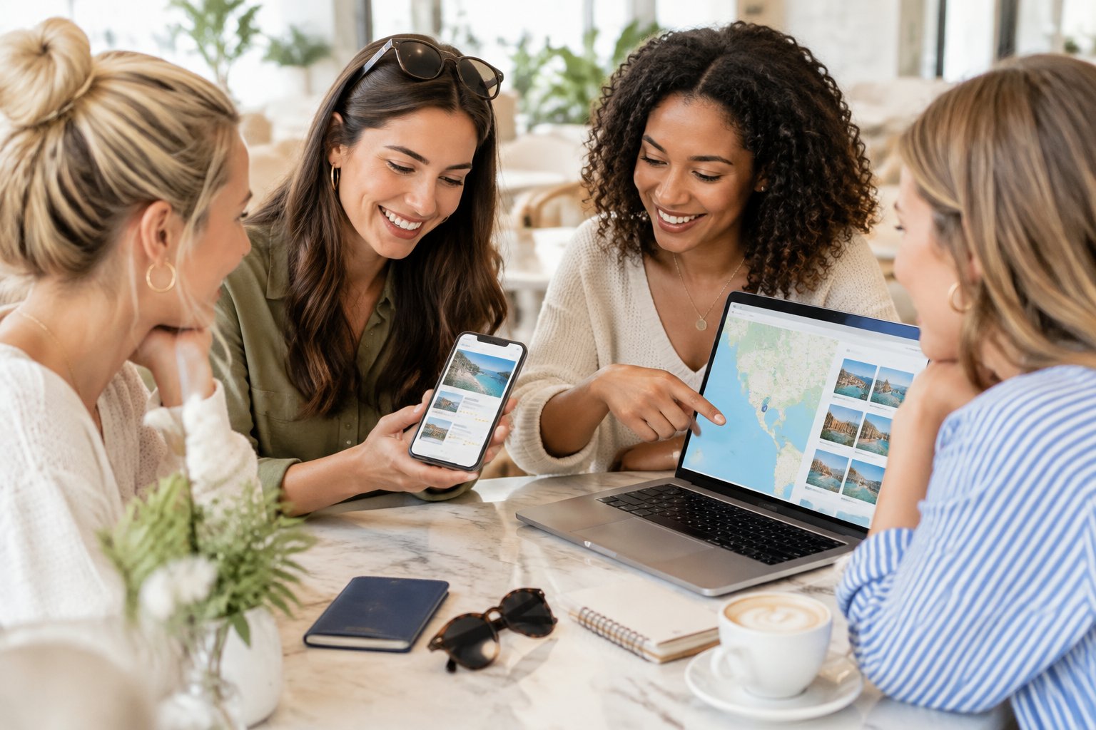 A group of friends discuss travel plans around a café table.