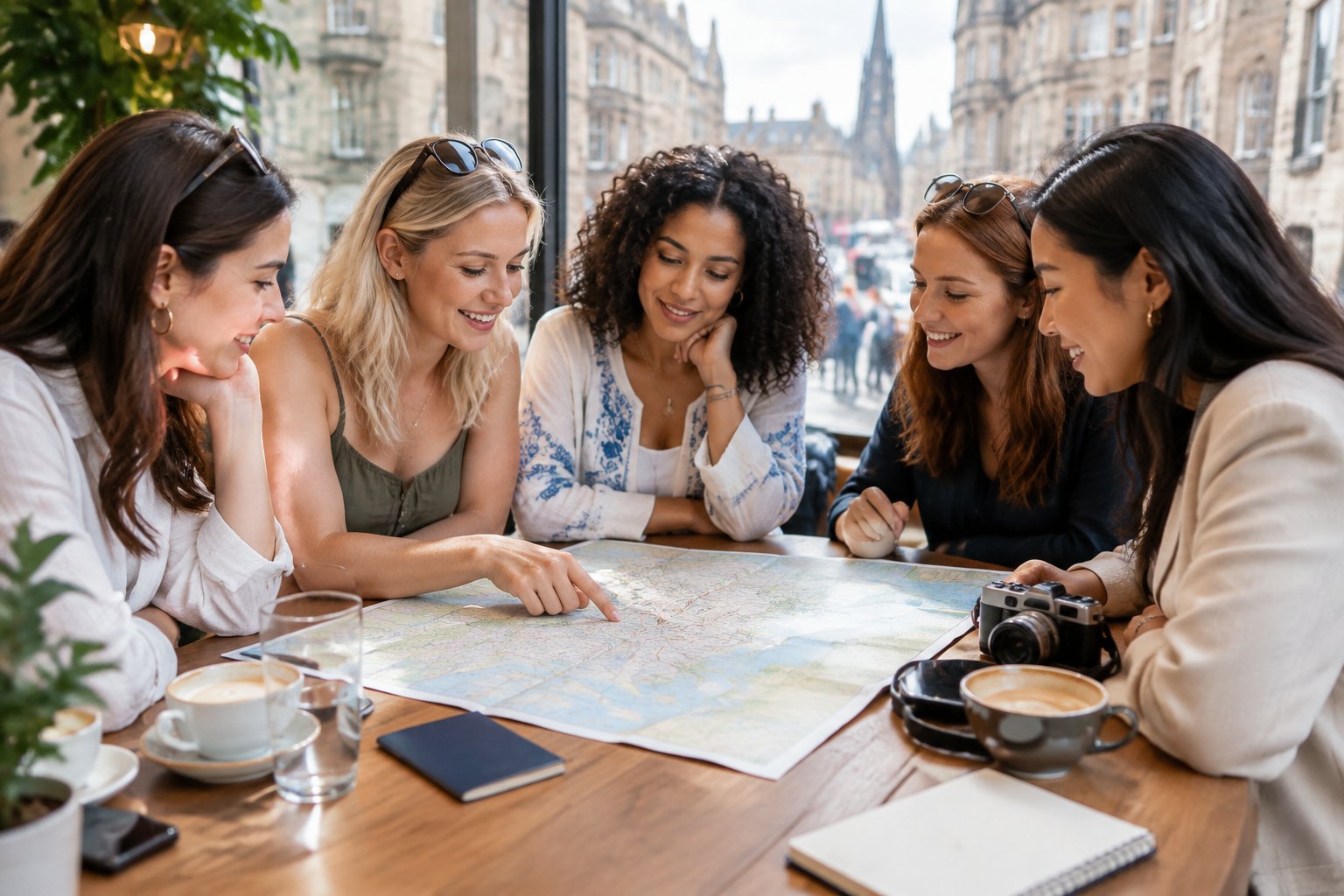 A group of friends discusses travel plans around a map in a café.