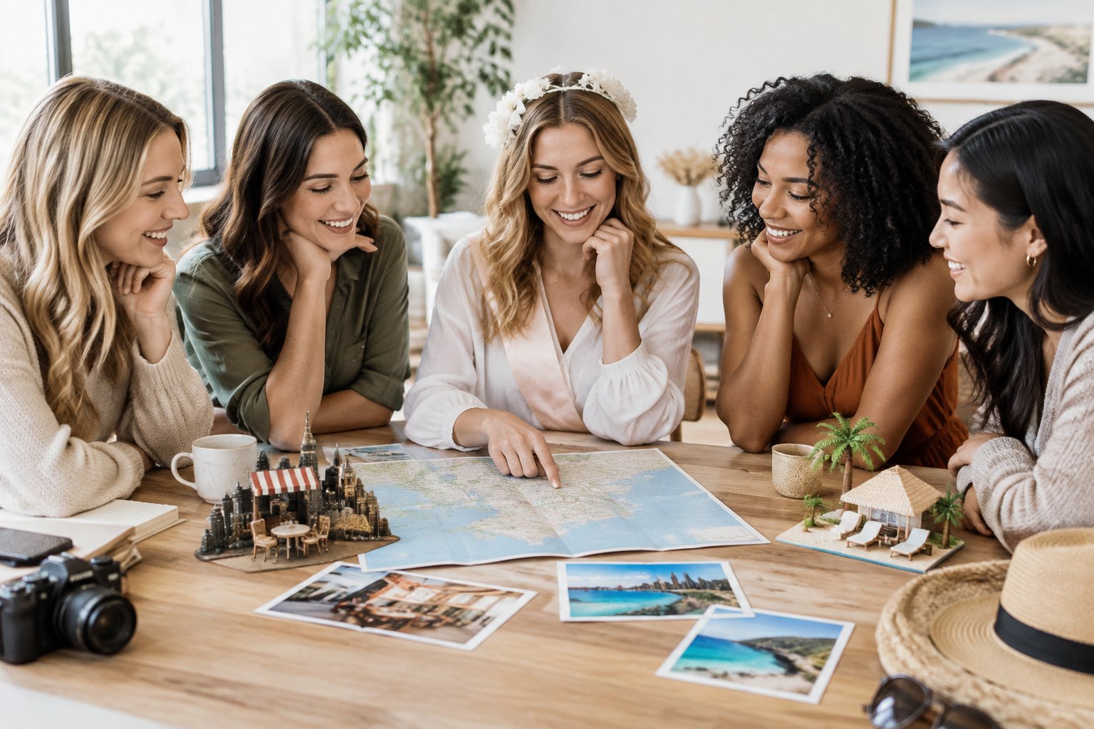 A bride-to-be and her friends compare city and coastal getaway ideas around a table.