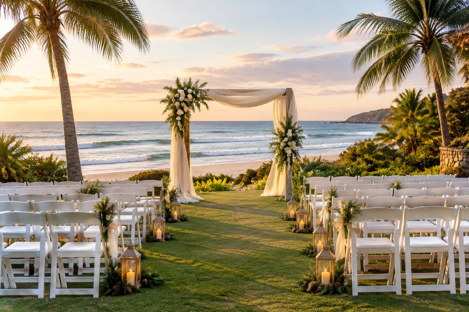 A decorated wedding ceremony venue beside the beach.