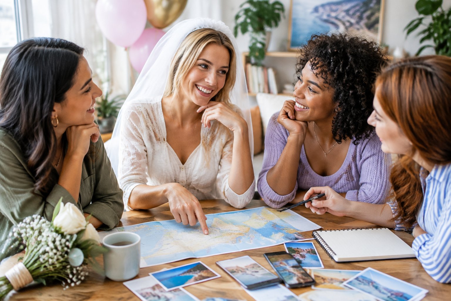 A bride-to-be and her friends gather around a table to plan a trip.