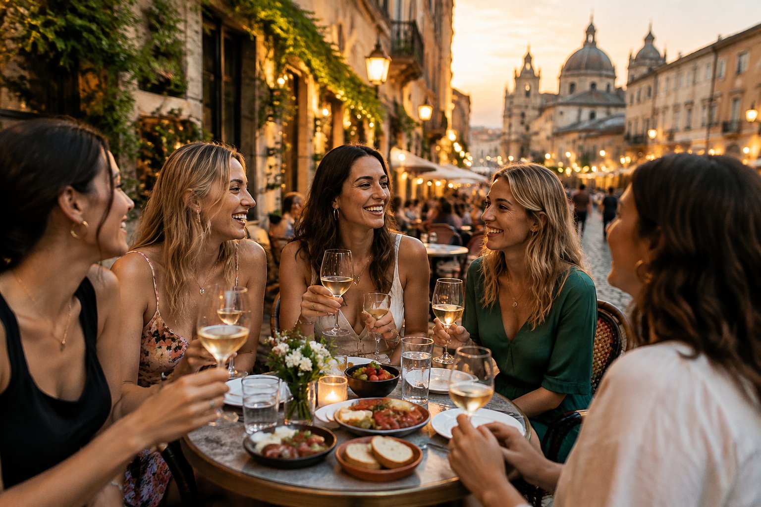 Friends enjoy dinner together at an outdoor café on a lively European city street.