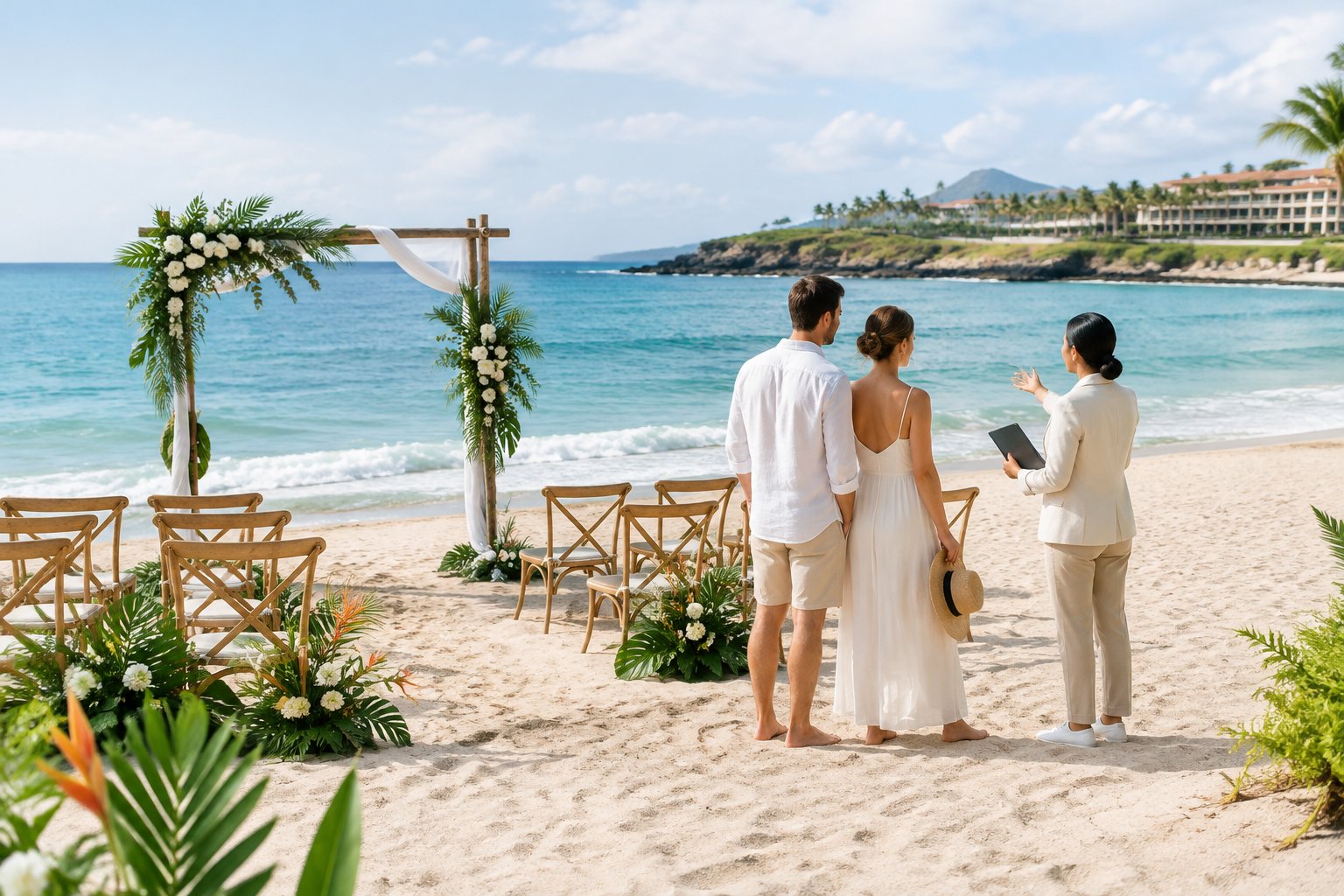 A couple and a venue coordinator view a wedding setup on a beach beside the ocean.