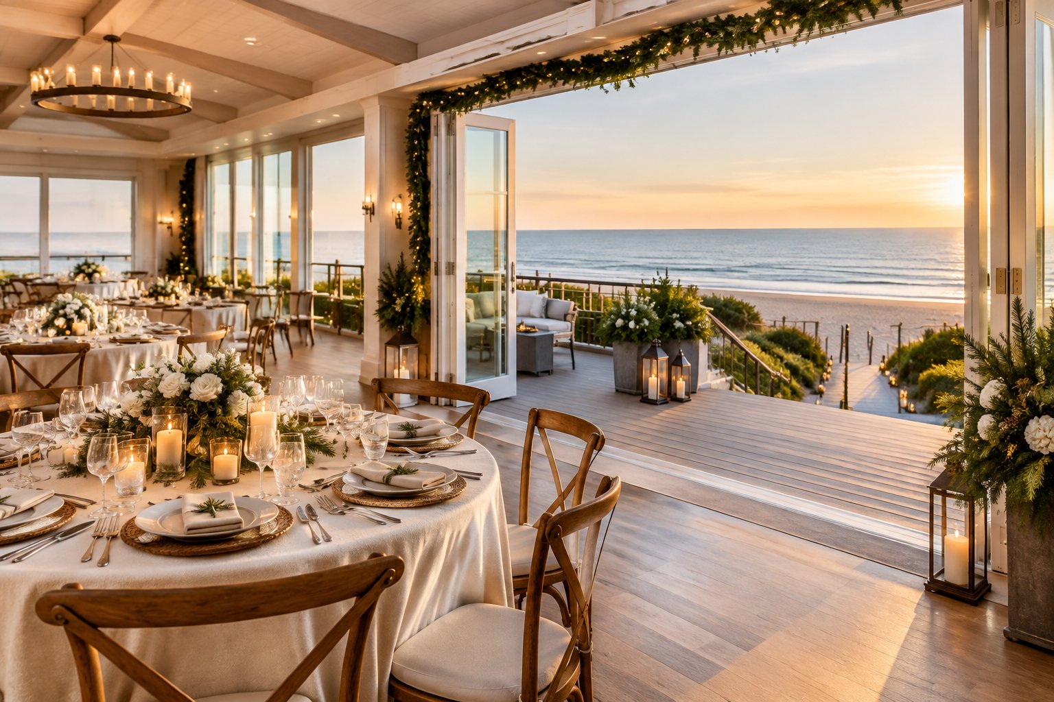 A coastal wedding venue with a decorated reception space overlooking a sandy beach and ocean.