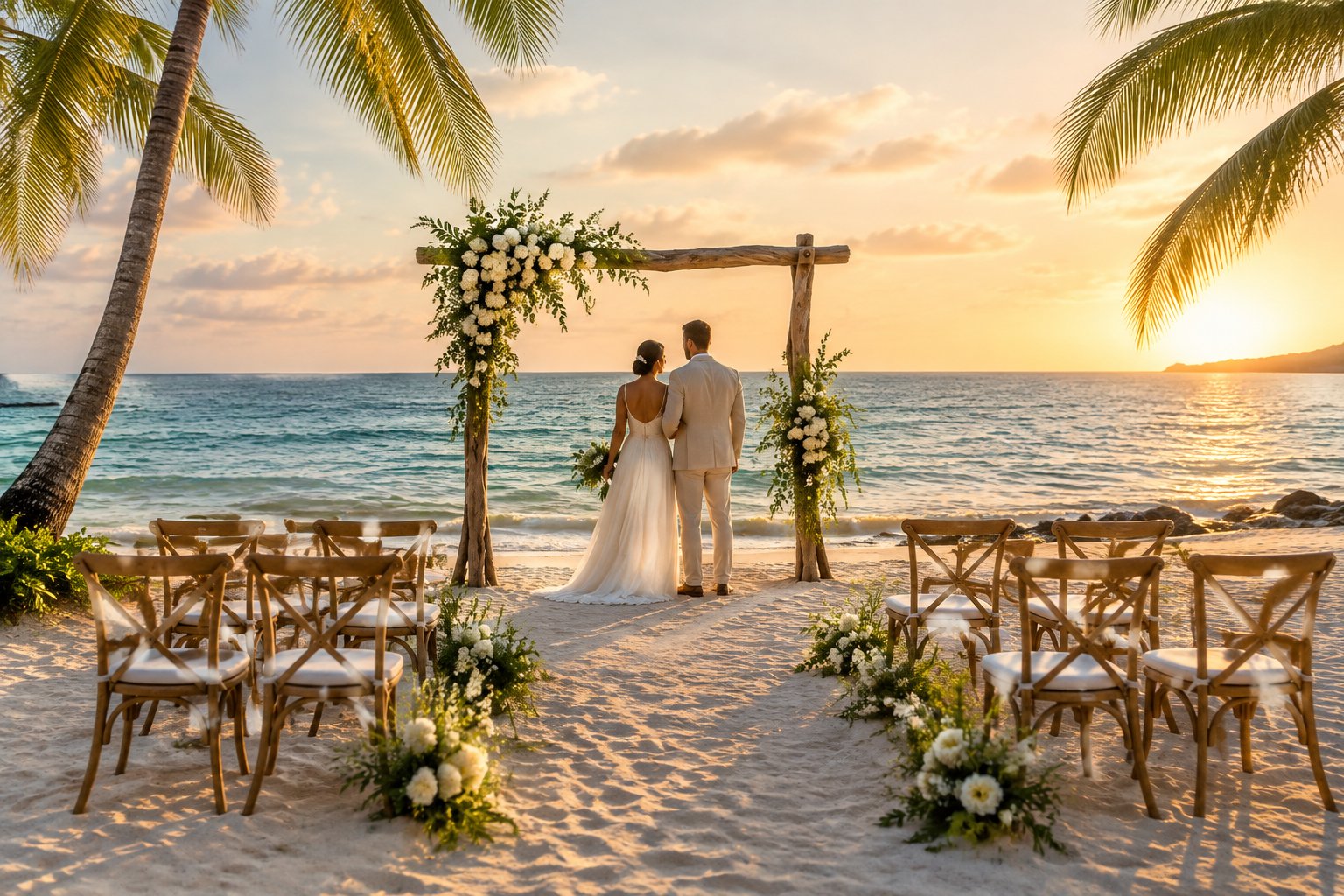 A couple stands beneath a flower-decorated wedding arch on a beach beside the ocean.