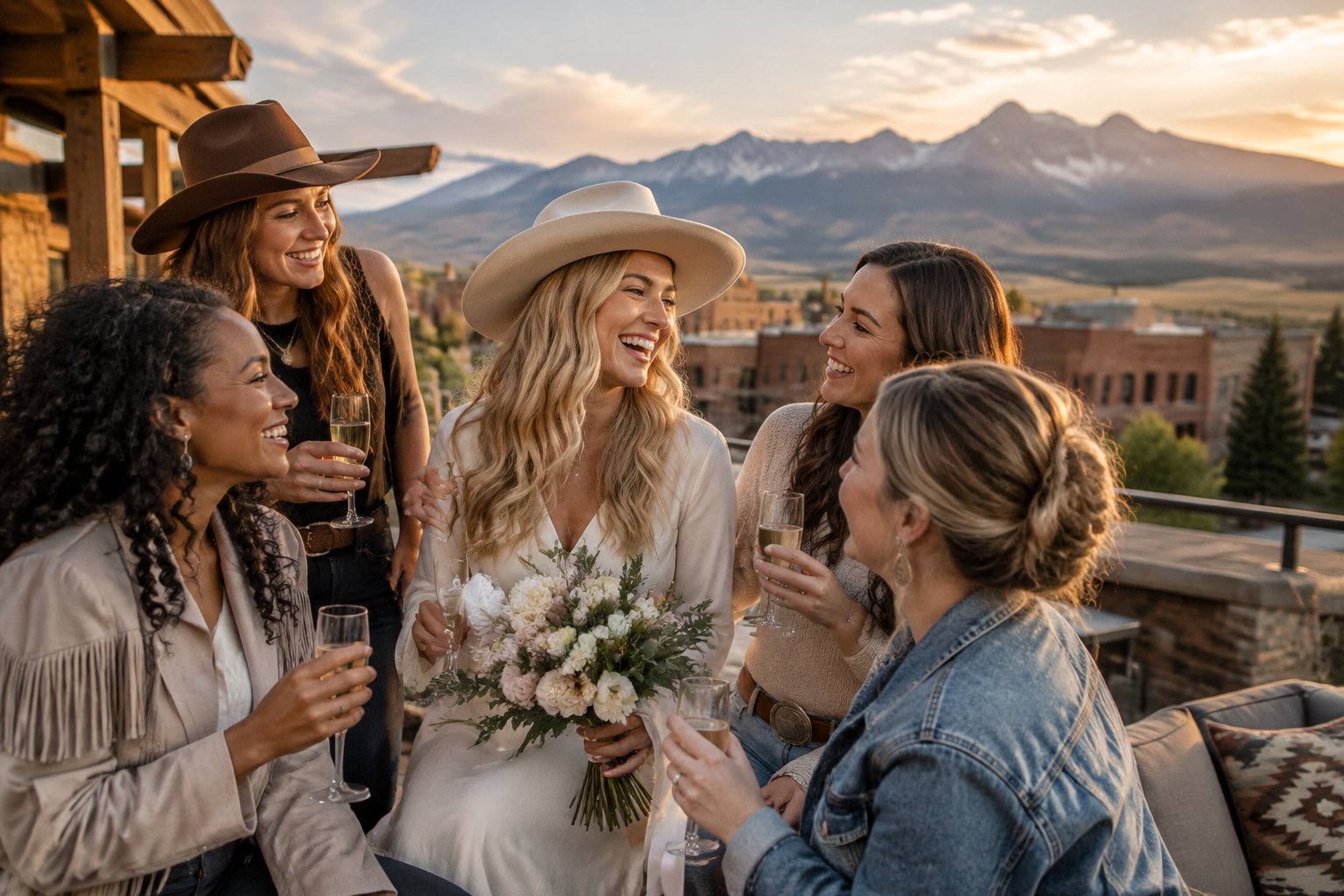 A bride-to-be celebrates with friends at a mountain-town lodge in Sheridan.